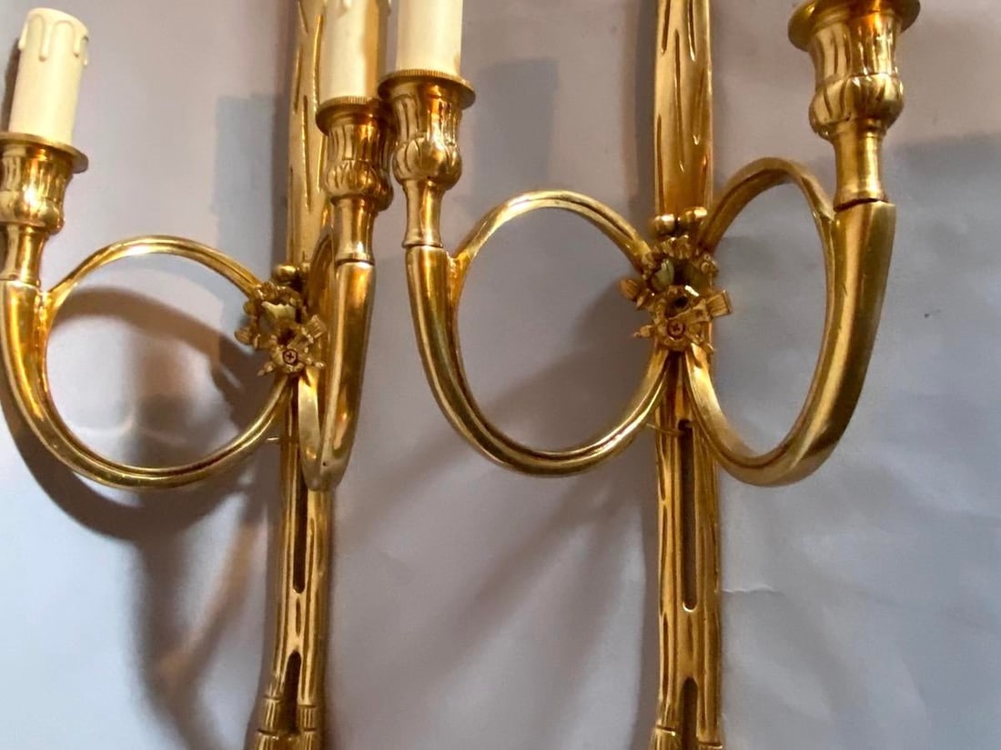 Late 20th C French Maker Louis XVI Bronze Wall Lamps /Sconces Pair - 4