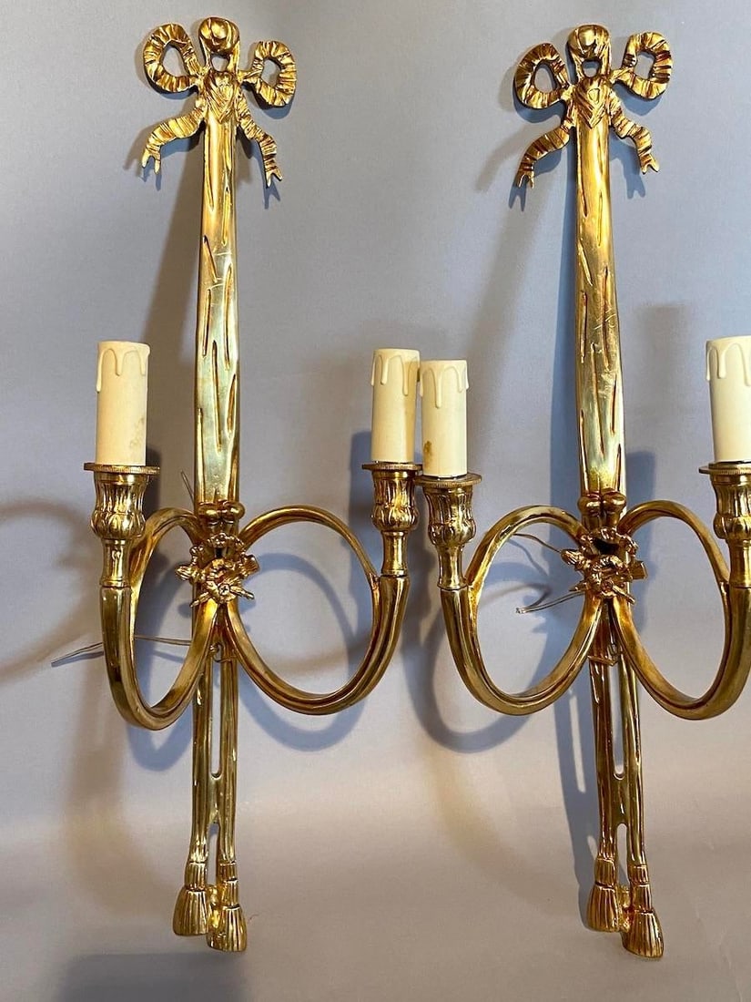Late 20th C French Maker Louis XVI Bronze Wall Lamps /Sconces Pair - 8