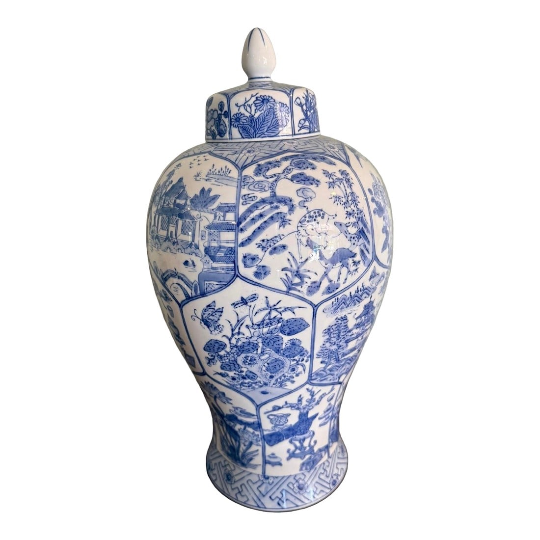 Large Vintage Baluster Form Blue and White Honeycomb Chinoiserie Vase With Fitted Lid: An imposing 16 inch tall blue and white porcelain baluster form vase with fitted lid topped with a finial featuring intricate honeycomb pattern scenes of nature, wildlife, and architecture.