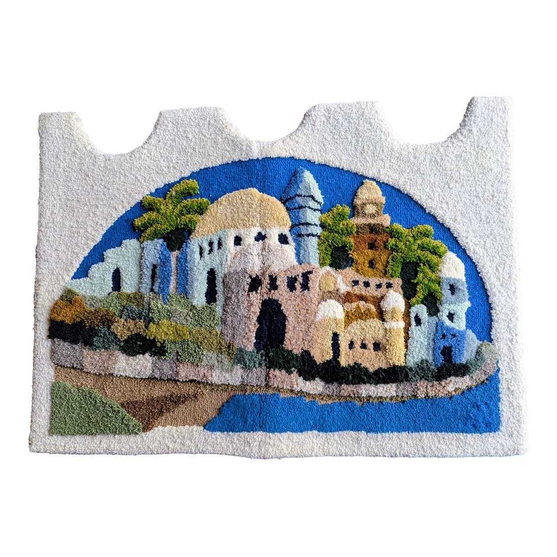 Late 20th Century Hand Crafted Decorative Jaffa Carpet Designed and Made in Israel Featuring Old Jer: Designed by Ofra Hofran, this decorative carpet originates from Israel, where it was hand crafted and made to depict the historic city of Jerusalem with its palms and resplendent buildings. 