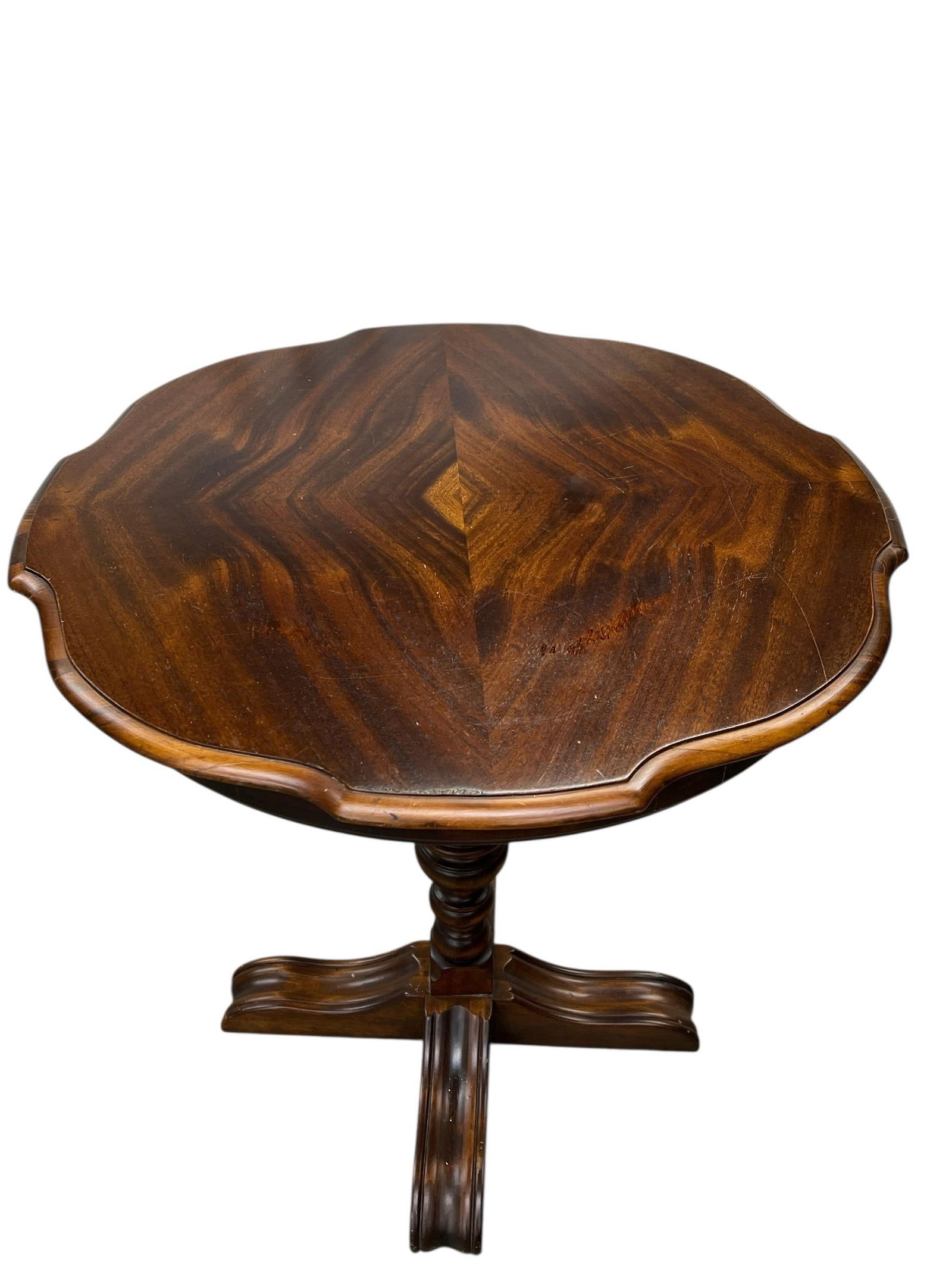 Antique Burl Walnut Wood Scalloped Edge Pedestal Table - 3