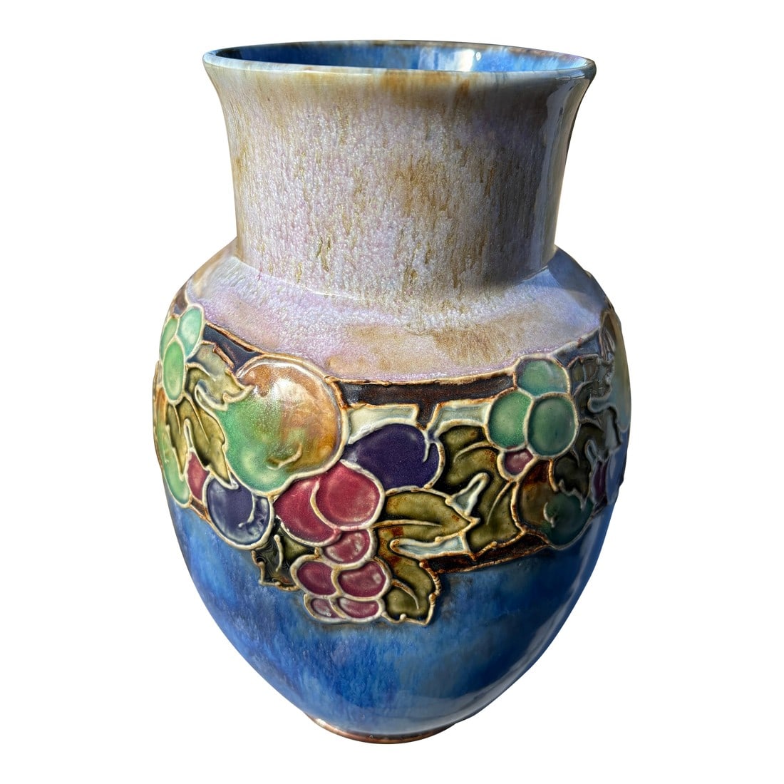 Royal Doulton England - Late 19th C. Floral Relief Stoneware 10" Vase: Late 19th. C. ROYAL DOULTON Stoneware Floral Relief Vase Large size - 10: tall, 7" diameter in center, 4.5" opening at top and 4" at base. Gorgeous color way and textured / raised floral, grape,