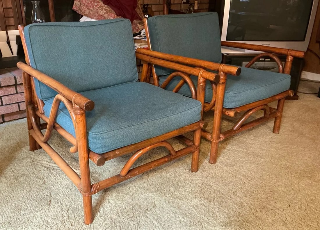 Mid-Century Modern Rattan Bamboo Lounge Chairs, Pair - 2