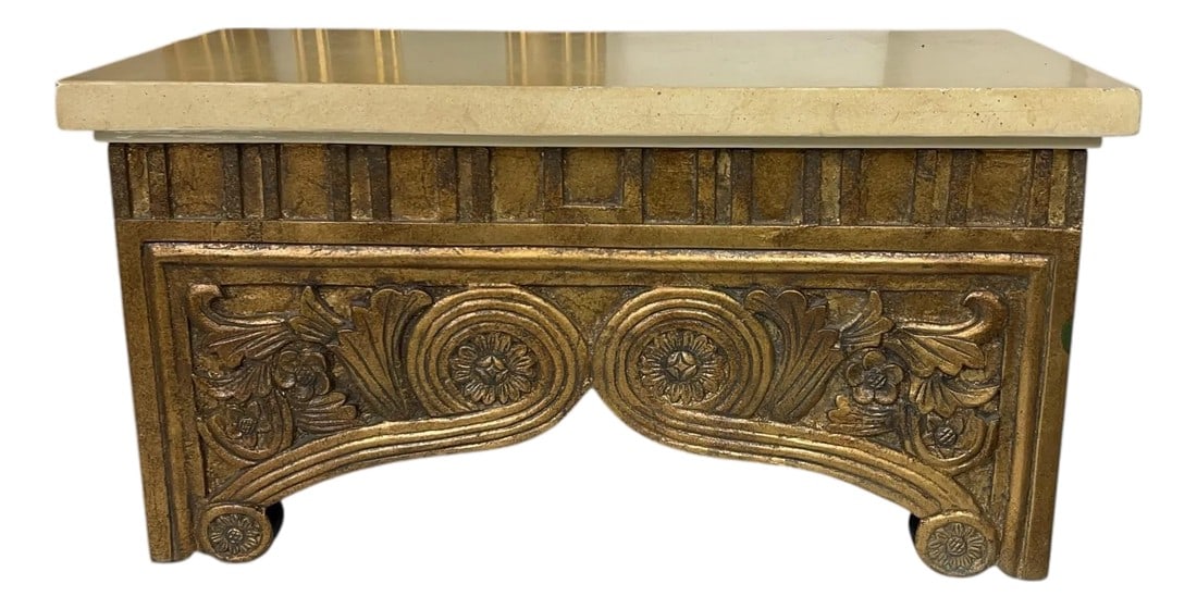 Vintage Large Carved Giltwood Florentine Style Decorative Box: Vintage large carved giltwood decorative box. Exterior measures 16" w x 8" d x 8.5" h. Inside measures 13" w x 5.5" d x 8.5" h. Some tiny imperfectionson corners of the lid. See pictures. 