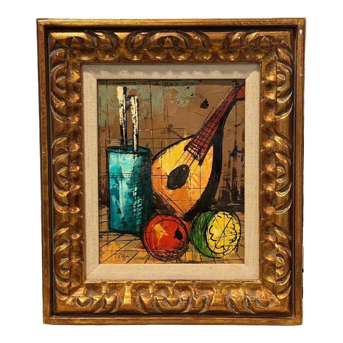 Mid 20th Century Beautiful Modernist Still Life Oil Painting, Signed "˜Toma': This original mid-20th-century abstract expressionist still life, signed "˜TOMA' (artist unidentified), exemplifies the bold color, gestural brushwork, and modernist energy characteristic of the