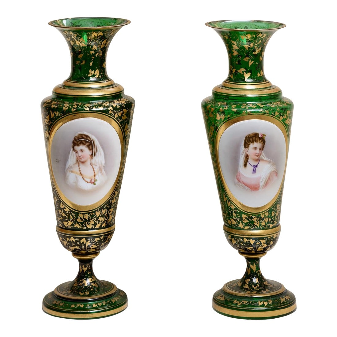 Bohemian Green Glass With Painted Decoration Vases-a Pair: Pair of Bohemian green vases with female busts. With gold decoration all over. Compatible with large single vase also listed. Condition: Alterations: Original Condition Unaltered Imperfections: