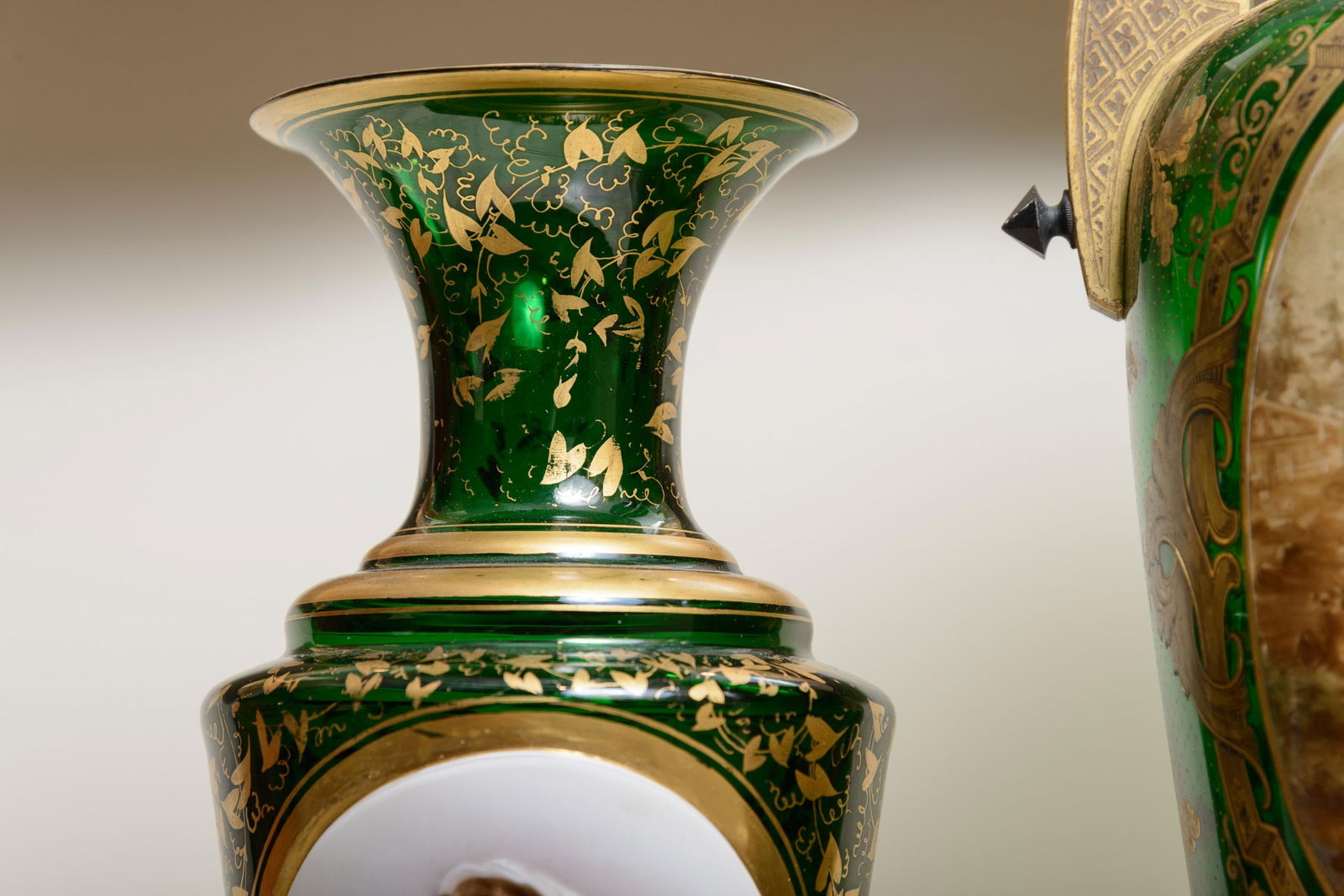 Bohemian Green Glass With Painted Decoration Vases-a Pair - 2