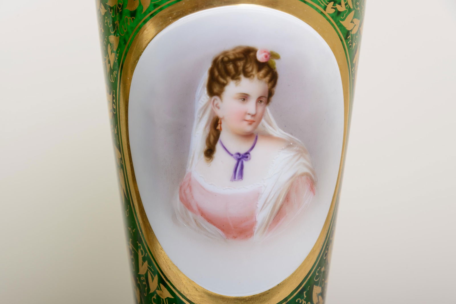 Bohemian Green Glass With Painted Decoration Vases-a Pair - 3