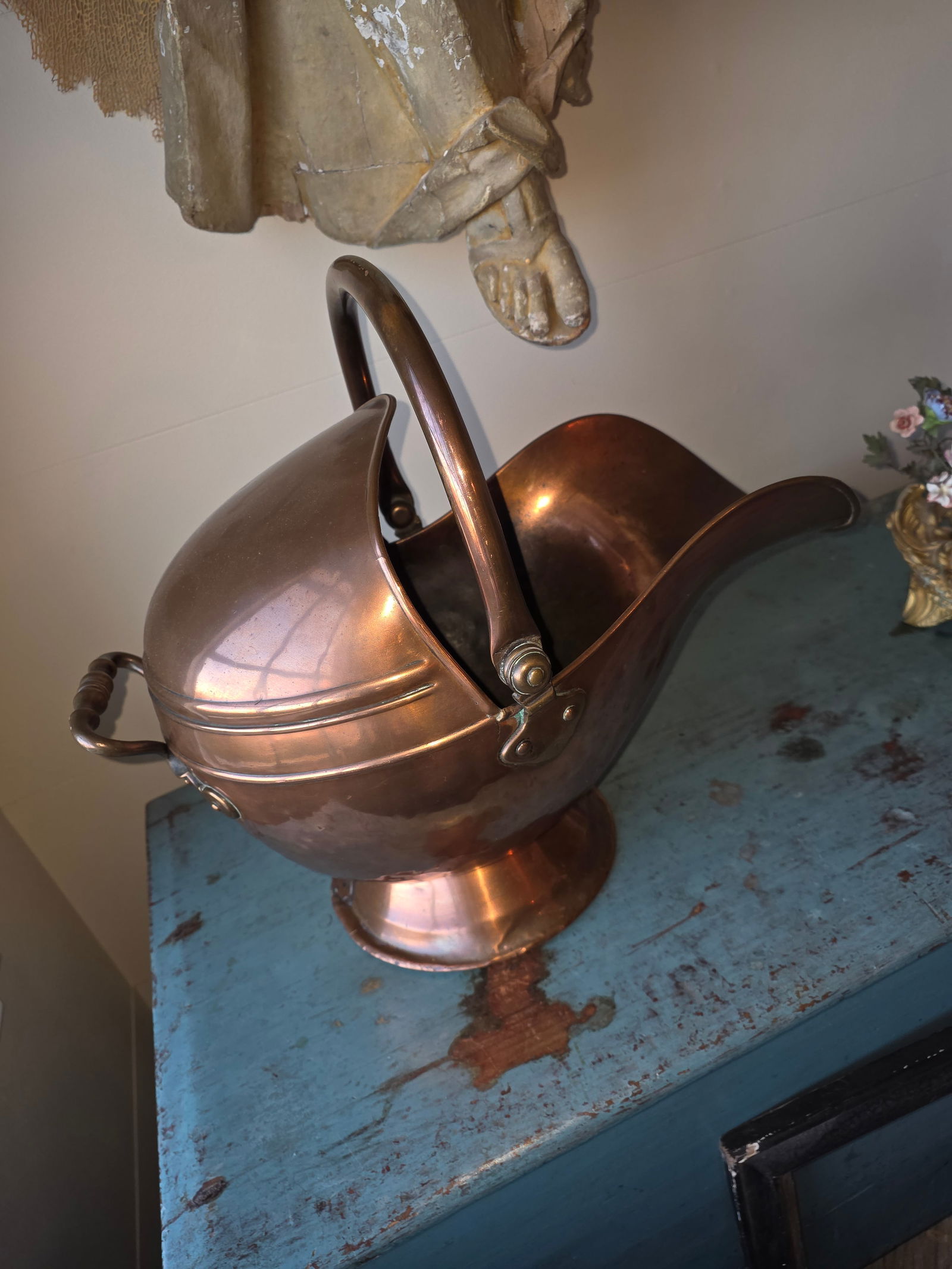 Antique Copper Helmet Form Scuttle - 11