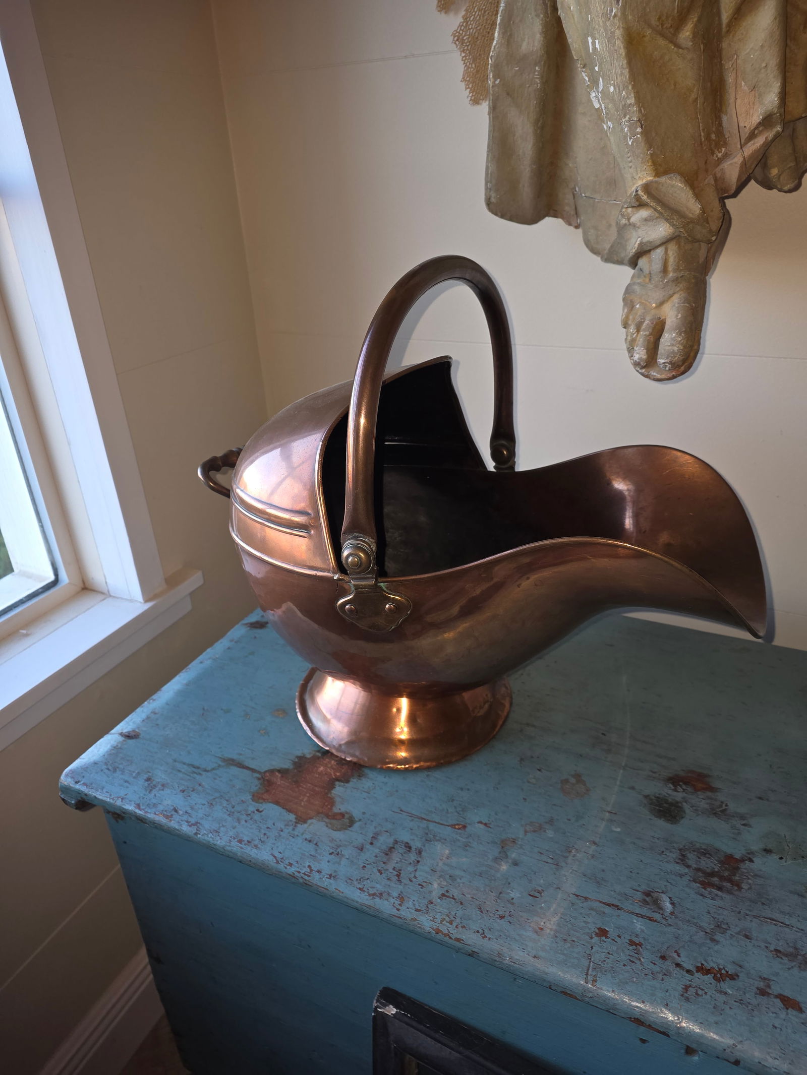 Antique Copper Helmet Form Scuttle - 13