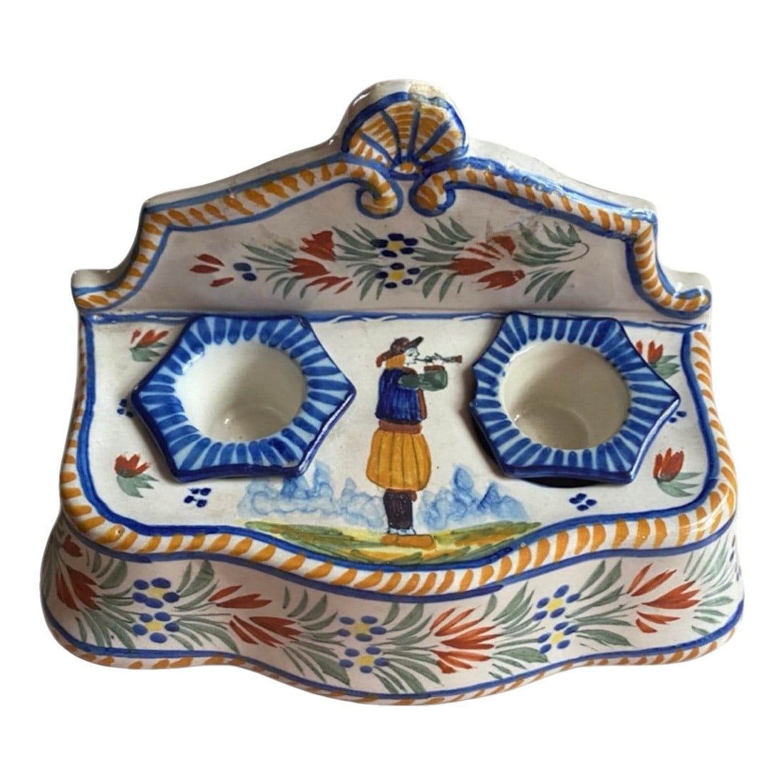 Early 20th Century Quimper Double Ink Well HenRoit: Hand painted in France. Lovely early 1900s signed HenRoit Quimper. Has the makers number signed at 95. It's done in a rococo style with a French Provencial look and colors. The reds, blues, and