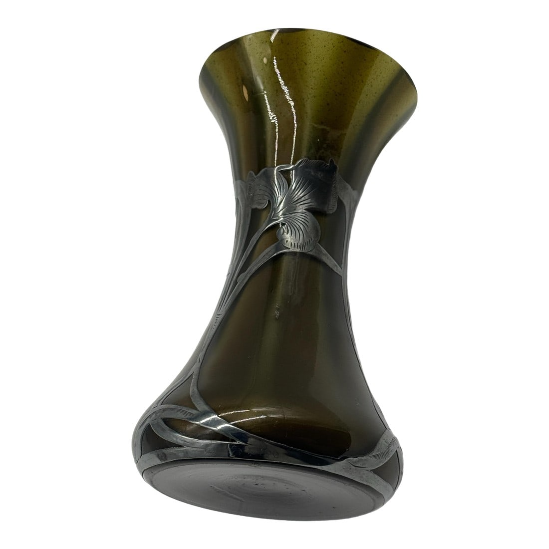 Early 20th Century Art Nouveau Green Glass Vase With Silver Floral Overlay (1 of 11)