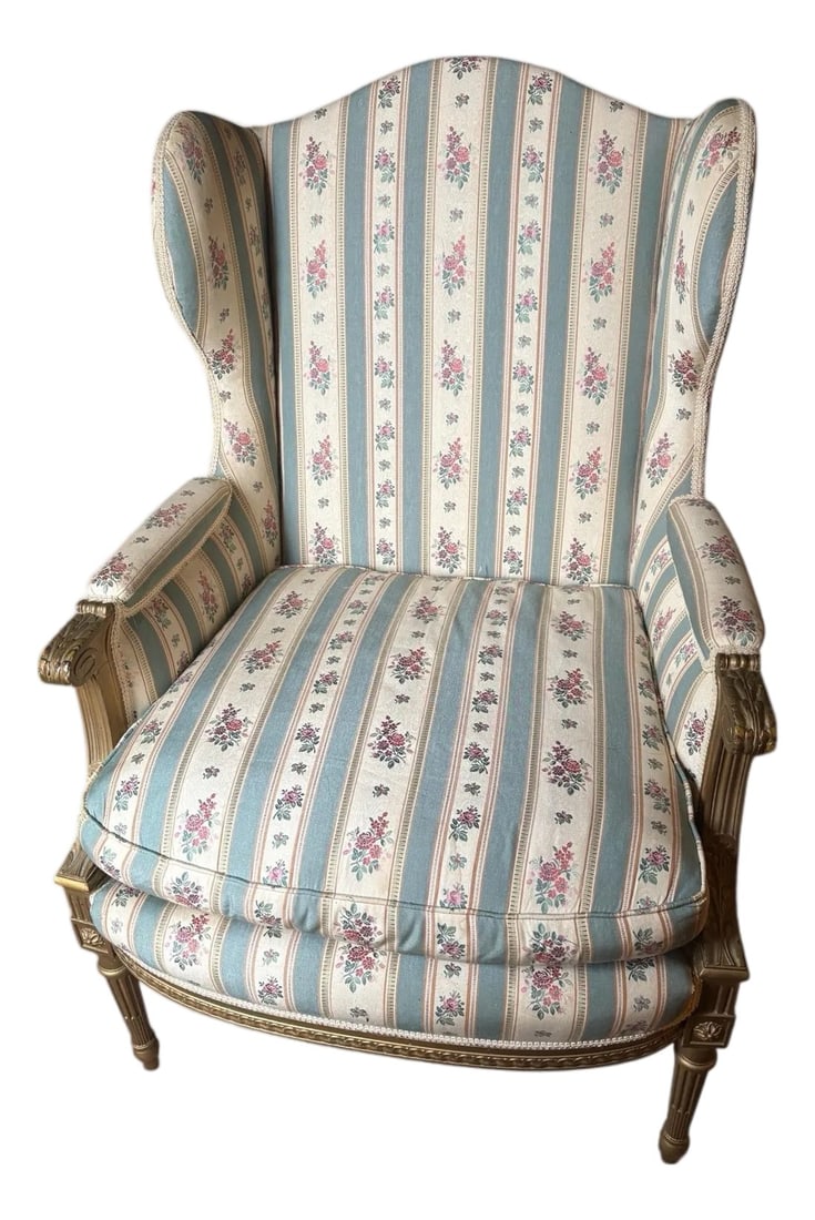 Louis XVI Late 19th C French Gilt Wood Bergere: Late 19th C Louis XV style Wingback Bergere. Originally came from Neff Hall in the main presidential building at Baylor University in Texas. Baylor is a private college. The chair later belonged to a