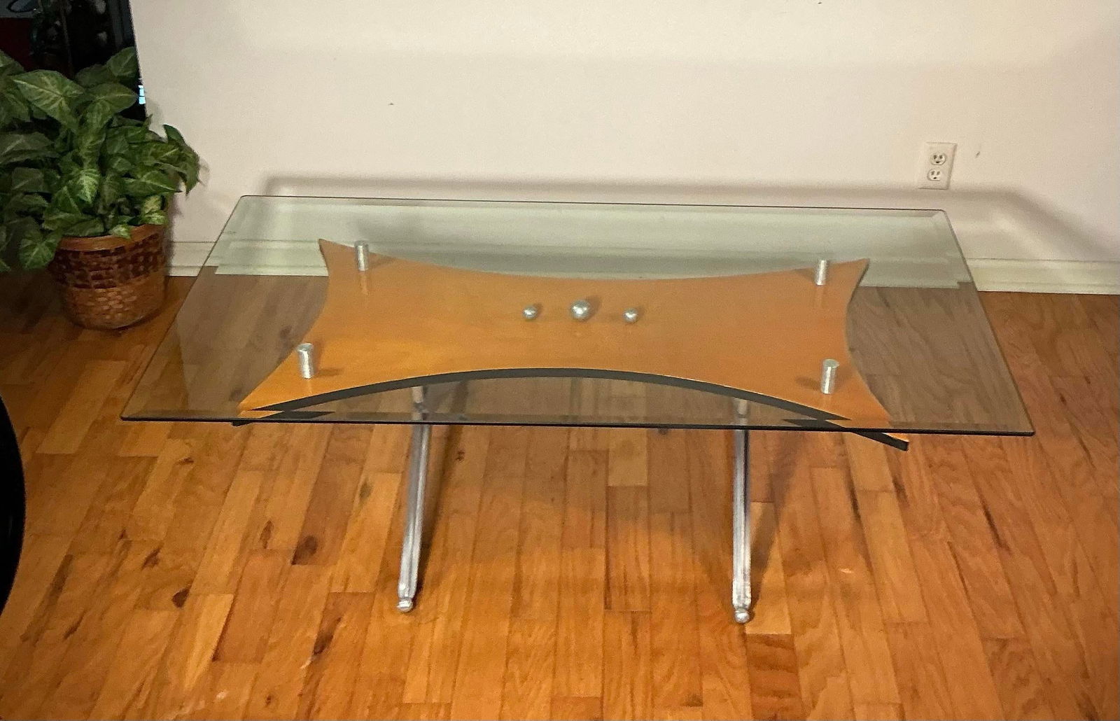 Vintage Glass Birch and Aluminum Rectangular Coffee Table - 2