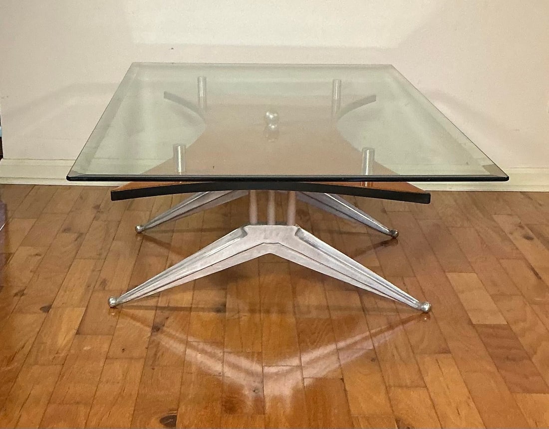 Vintage Glass Birch and Aluminum Rectangular Coffee Table - 4