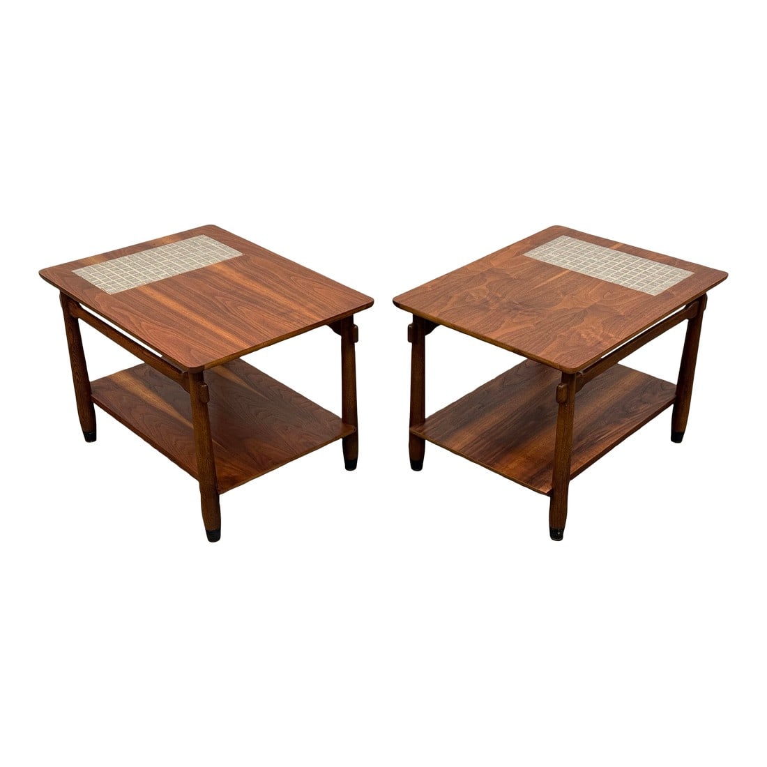 Pair of 1960s Mid Century Lane "Monte Carlo" Side or End Tables - Walnut + Mosaic Tile: PAIR of Lane "Monte Carlo" side or end tables, circa 1960s. American black walnut and warm gray ceramic mosaic tile. Mortis and tenon joinery. Fully restored and in excellent, ready to use condition.