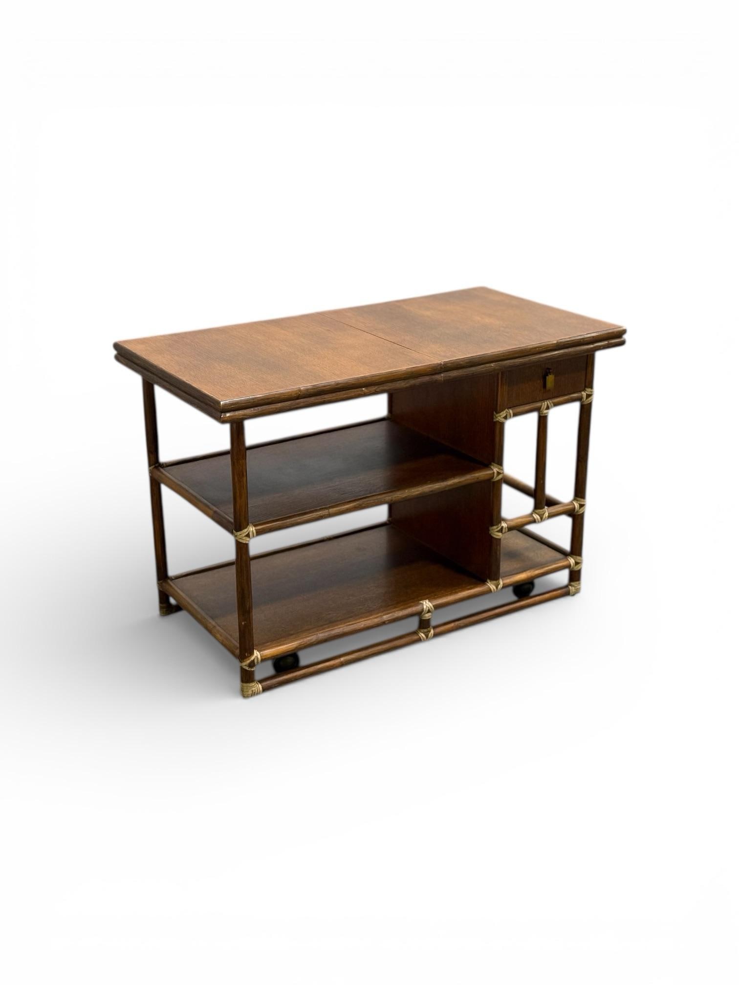 1970s McGuire Serving Cart - Vintage Organic Modern Bar - Rattan + Mahogany + Raw Hide - 11