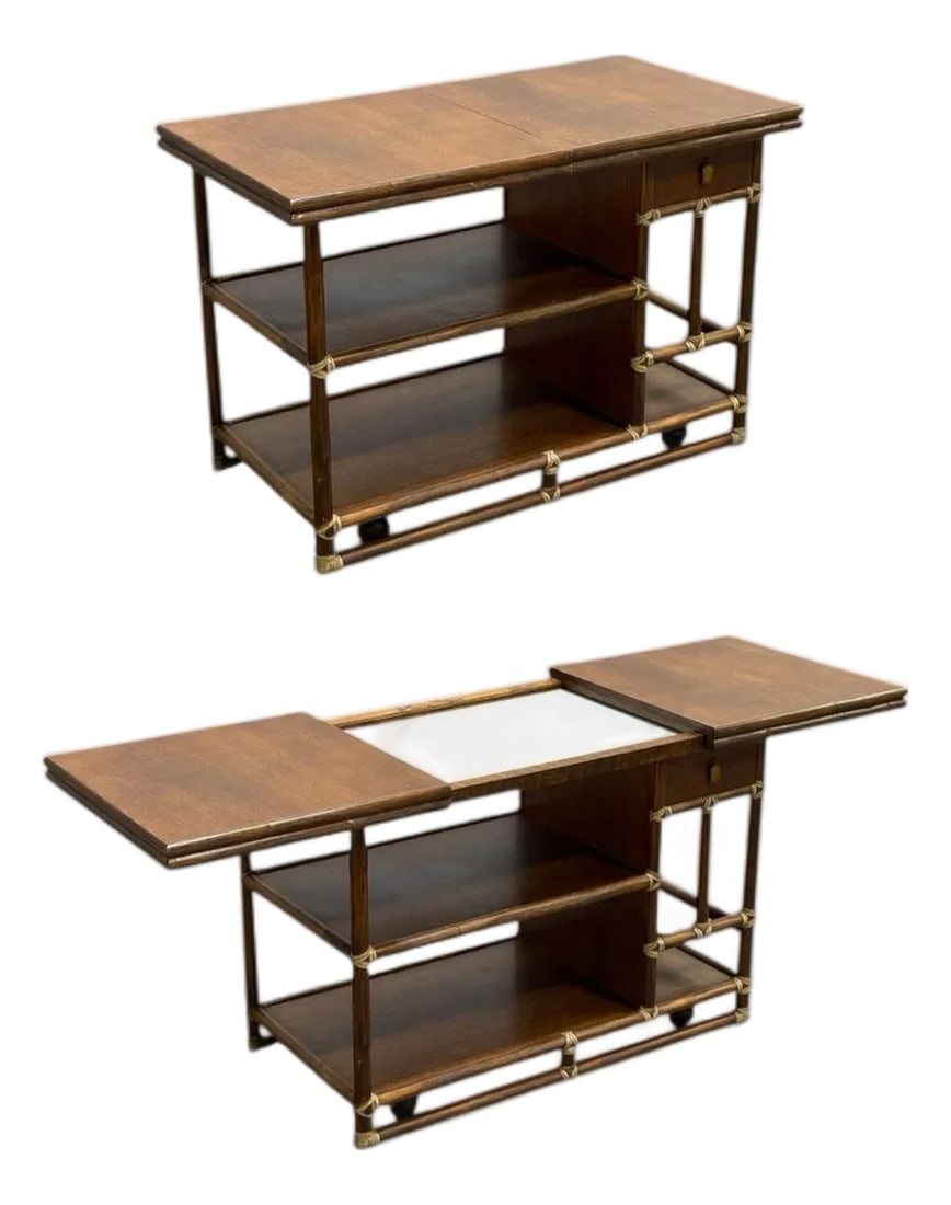 1970s McGuire Serving Cart - Vintage Organic Modern Bar - Rattan + Mahogany + Raw Hide: Vintage organic modern serving cart by McGuire, California circa 1970s. Frame is rattan with raw hide leather bindings. Surfaces are ribbon mahogany and white formica. Solid brass hardware on the draw