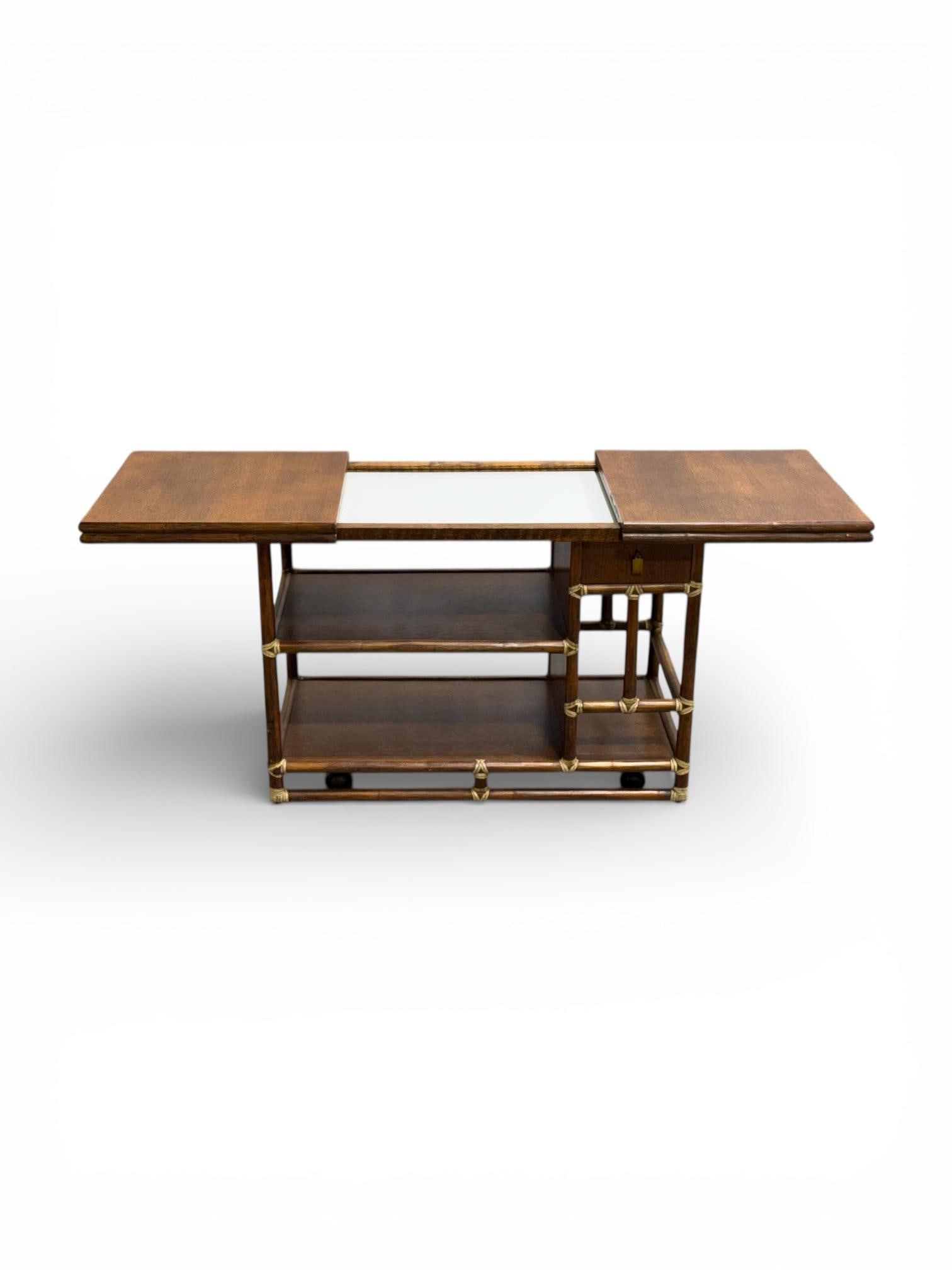 1970s McGuire Serving Cart - Vintage Organic Modern Bar - Rattan + Mahogany + Raw Hide - 2