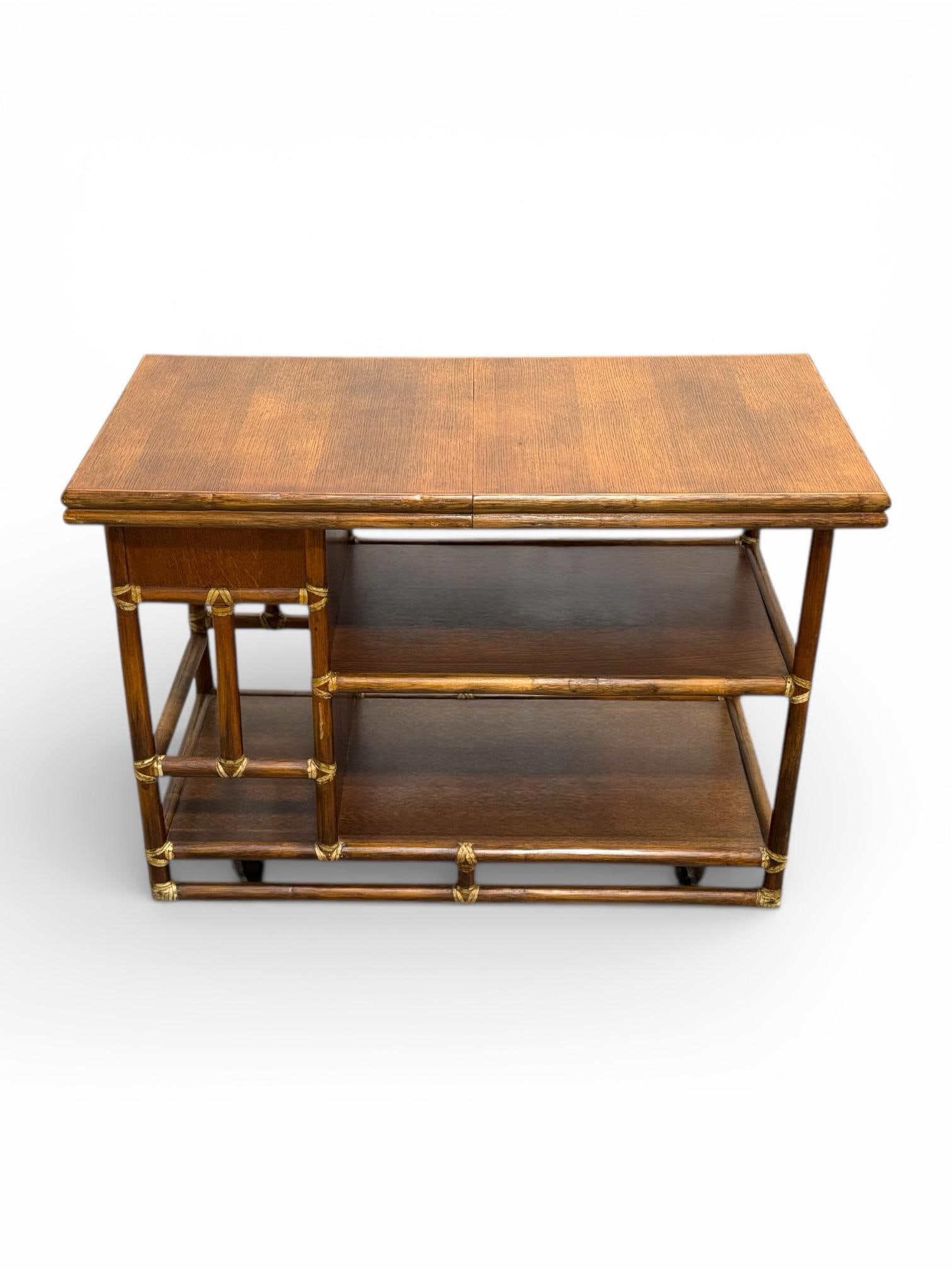 1970s McGuire Serving Cart - Vintage Organic Modern Bar - Rattan + Mahogany + Raw Hide - 3