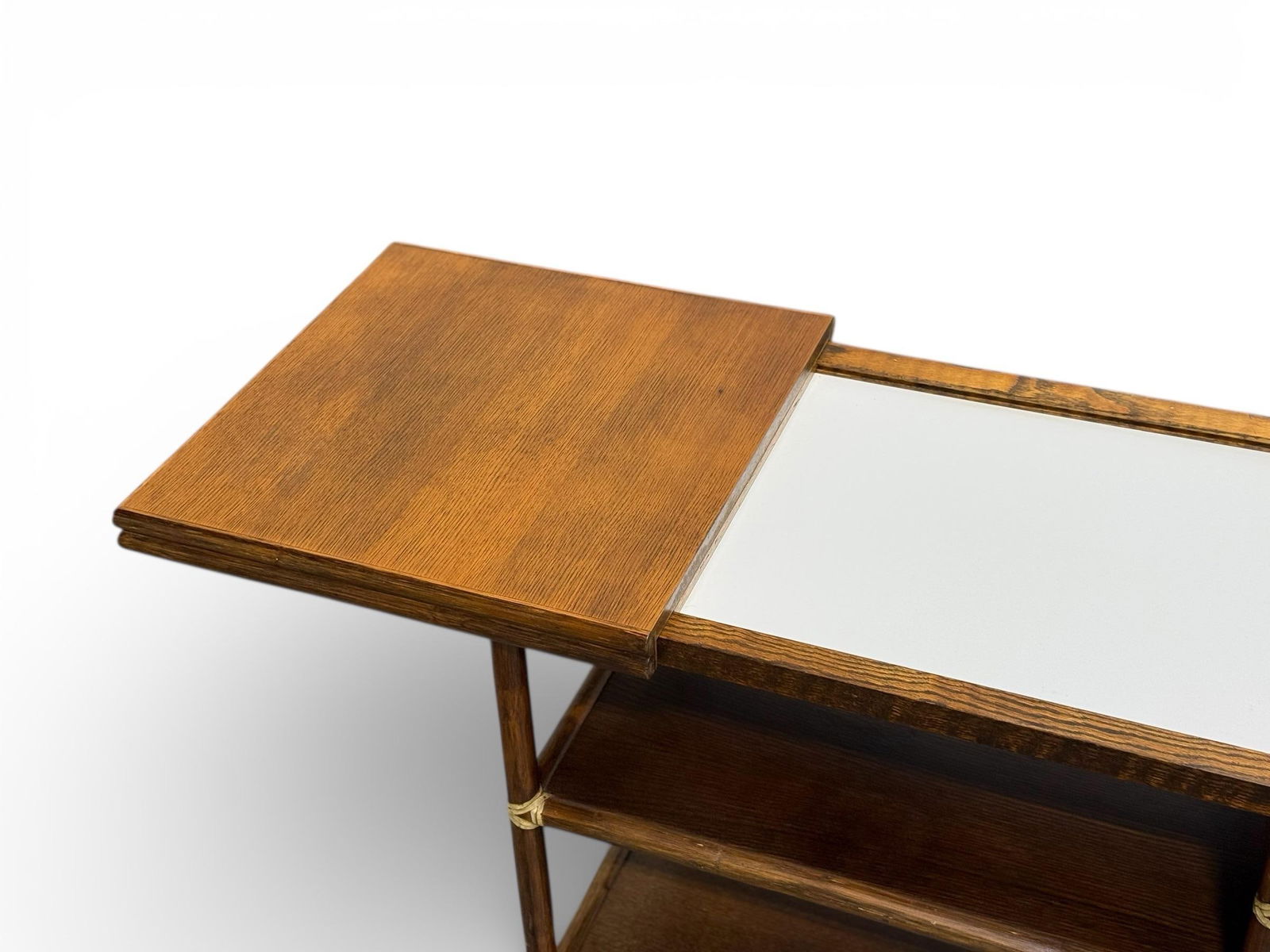 1970s McGuire Serving Cart - Vintage Organic Modern Bar - Rattan + Mahogany + Raw Hide - 4