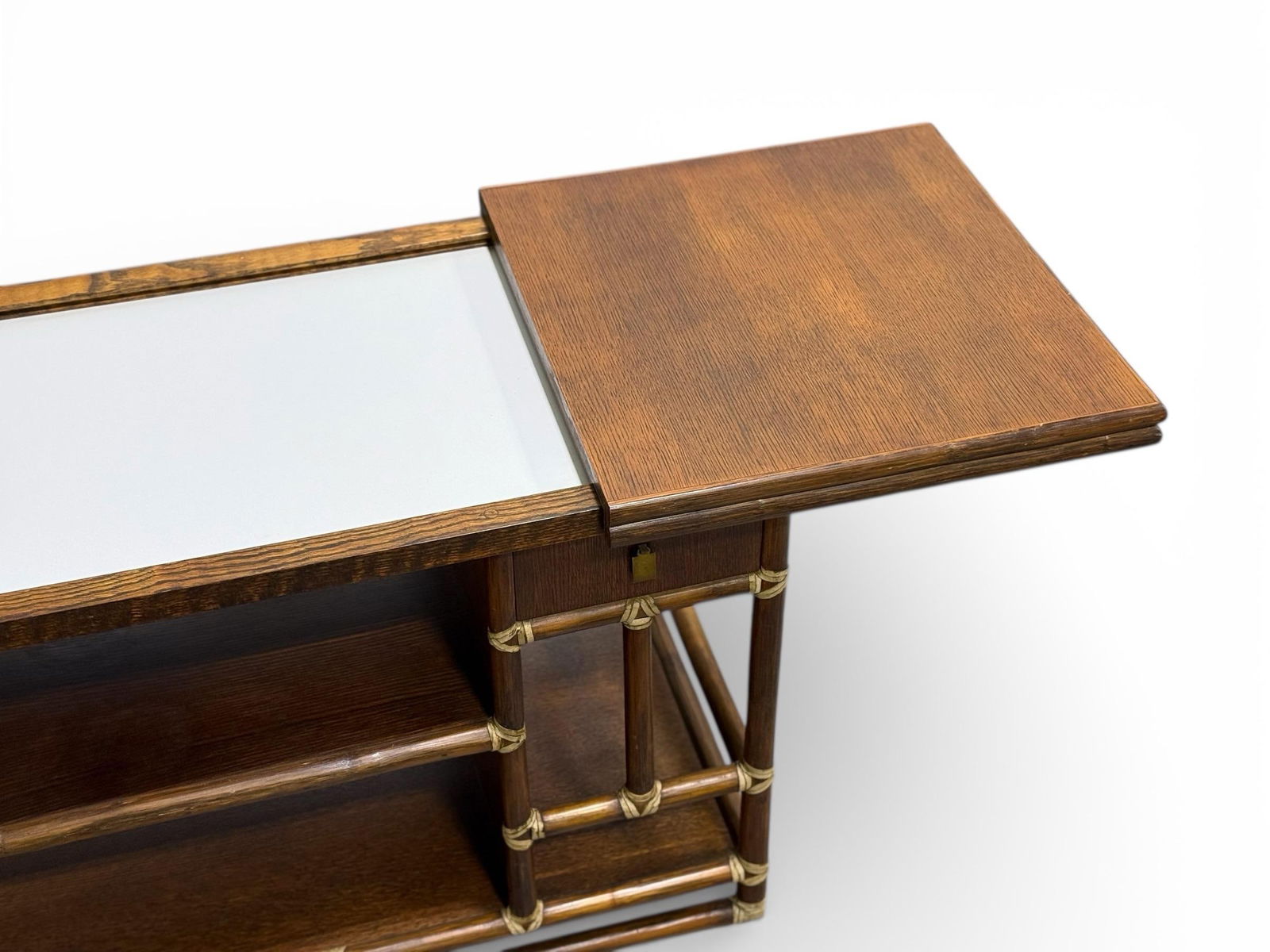 1970s McGuire Serving Cart - Vintage Organic Modern Bar - Rattan + Mahogany + Raw Hide - 5