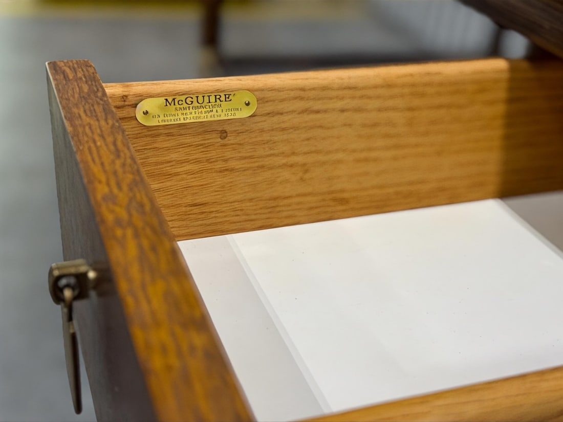 1970s McGuire Serving Cart - Vintage Organic Modern Bar - Rattan + Mahogany + Raw Hide - 6