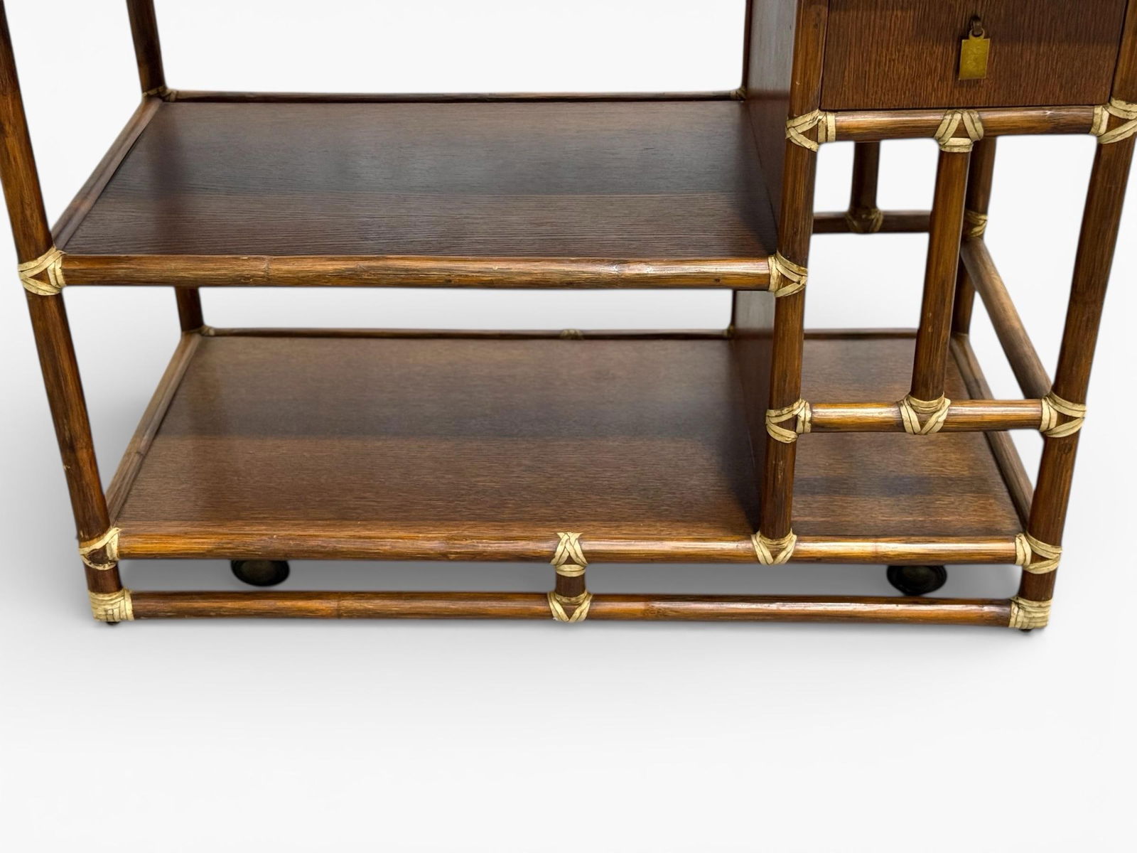 1970s McGuire Serving Cart - Vintage Organic Modern Bar - Rattan + Mahogany + Raw Hide - 7