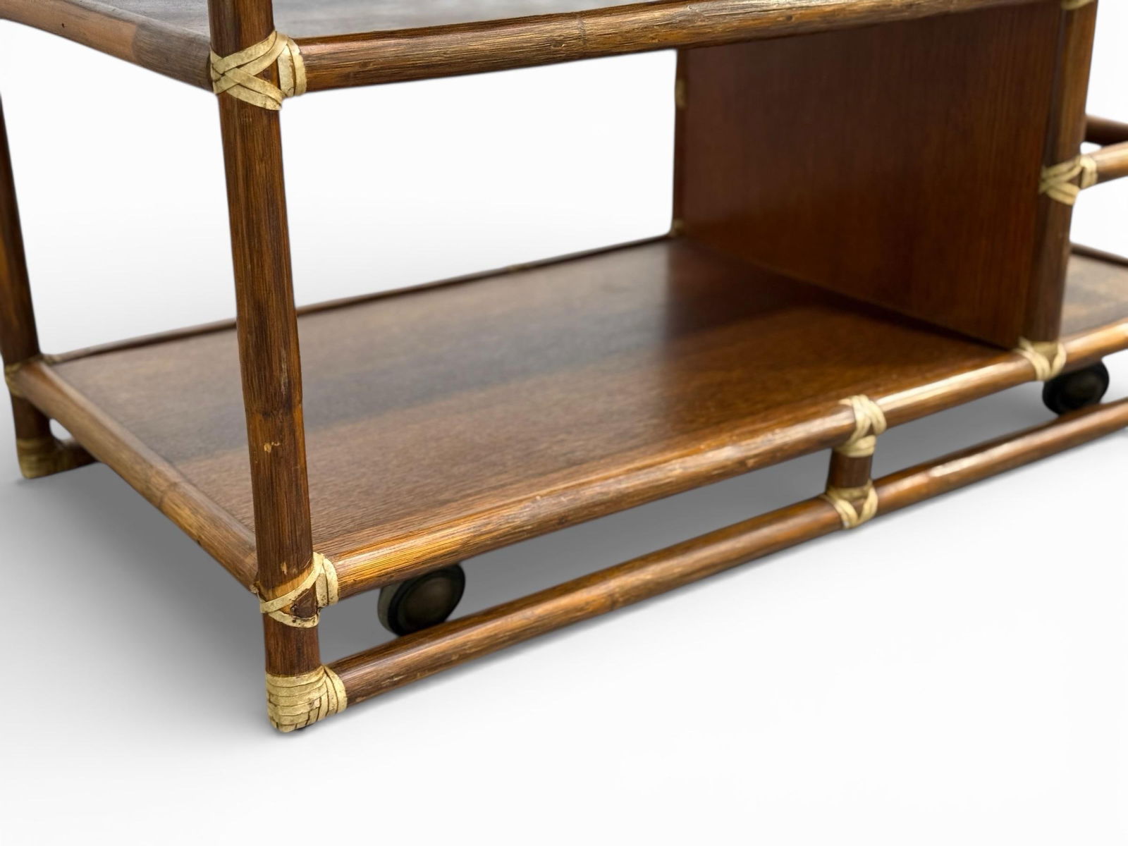 1970s McGuire Serving Cart - Vintage Organic Modern Bar - Rattan + Mahogany + Raw Hide - 8