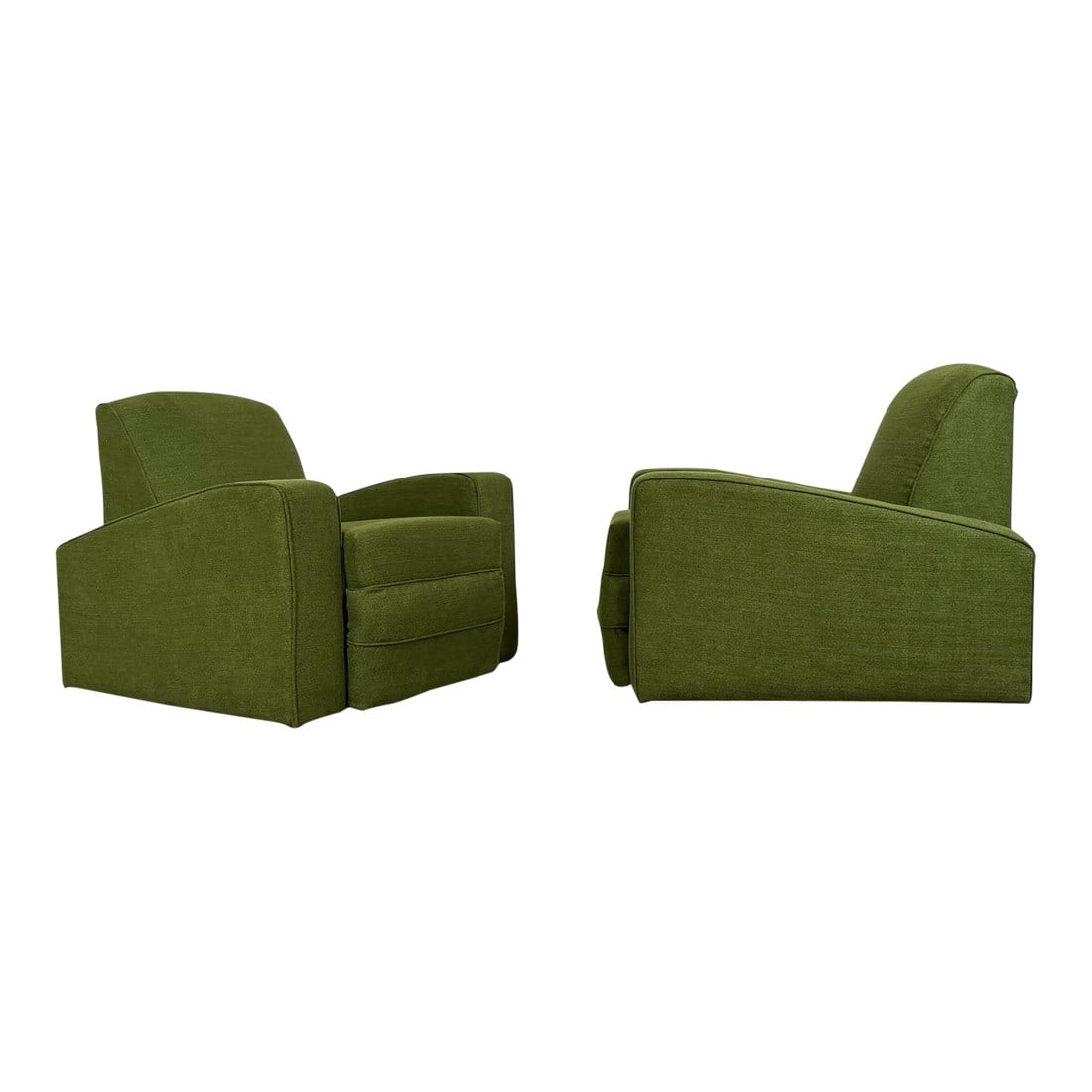 Pair Art Deco Club Chairs - France Circa 1930s - Green Velvet Speed Armchairs: Pair of vintage Art Deco tank or speed armchairs, France circa 1930s. Streamline Moderne silouhette. Completely restored with new super plush green velvet. Excellent condition and super comfy. Ready