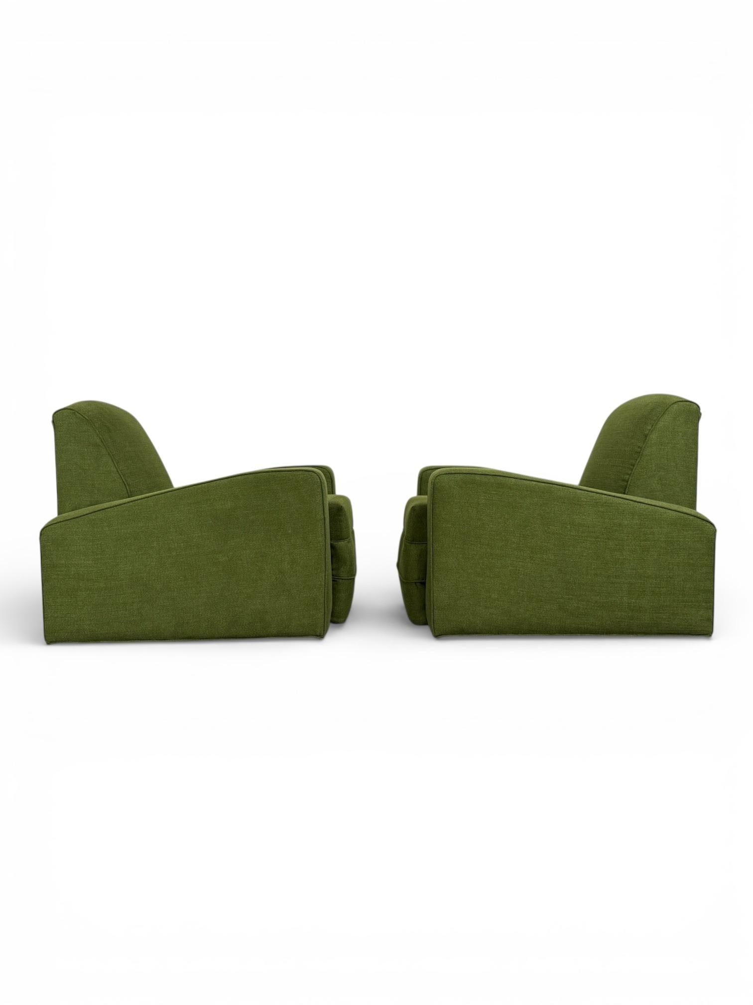 Pair Art Deco Club Chairs - France Circa 1930s - Green Velvet Speed Armchairs - 2