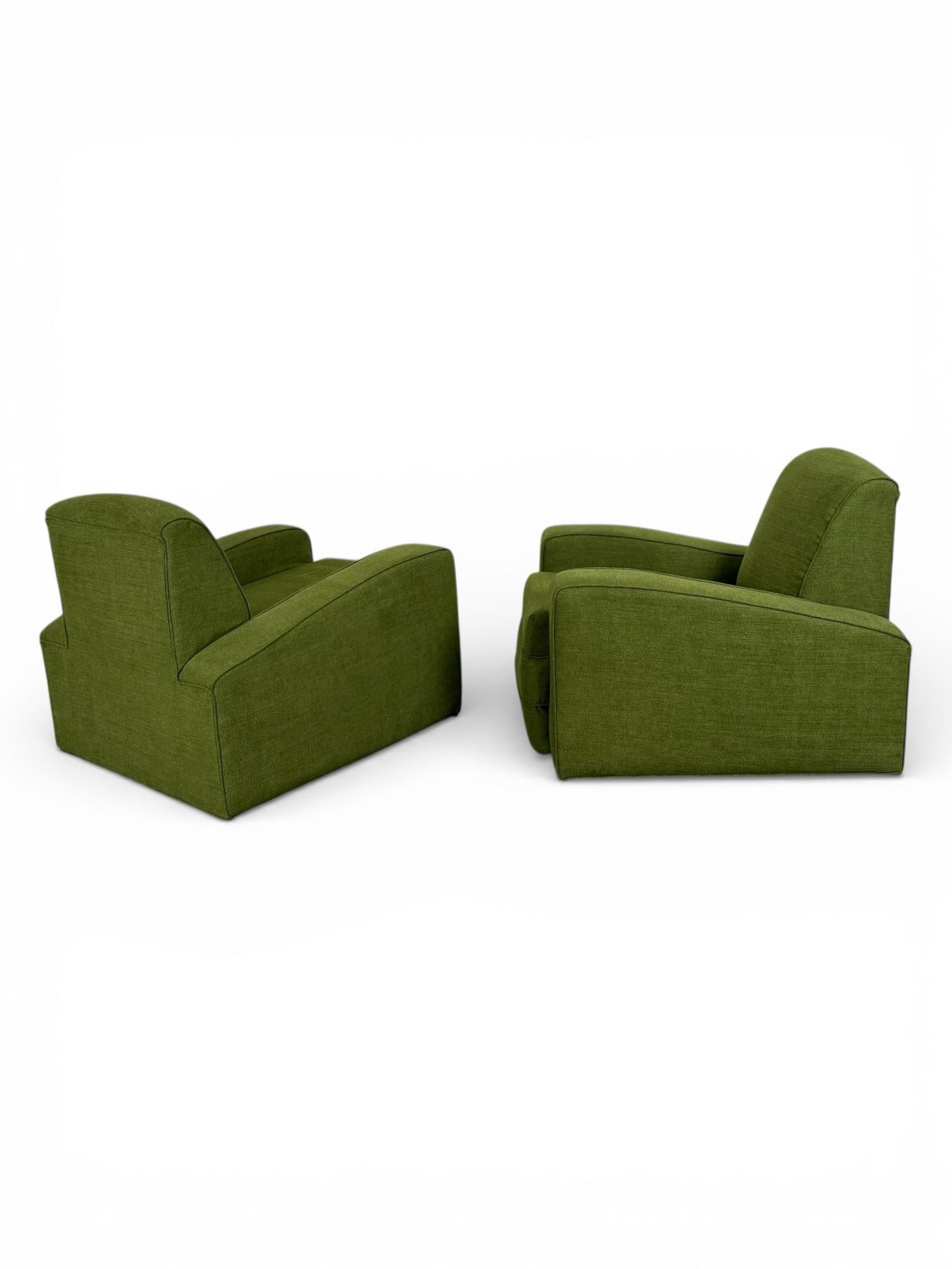 Pair Art Deco Club Chairs - France Circa 1930s - Green Velvet Speed Armchairs - 5
