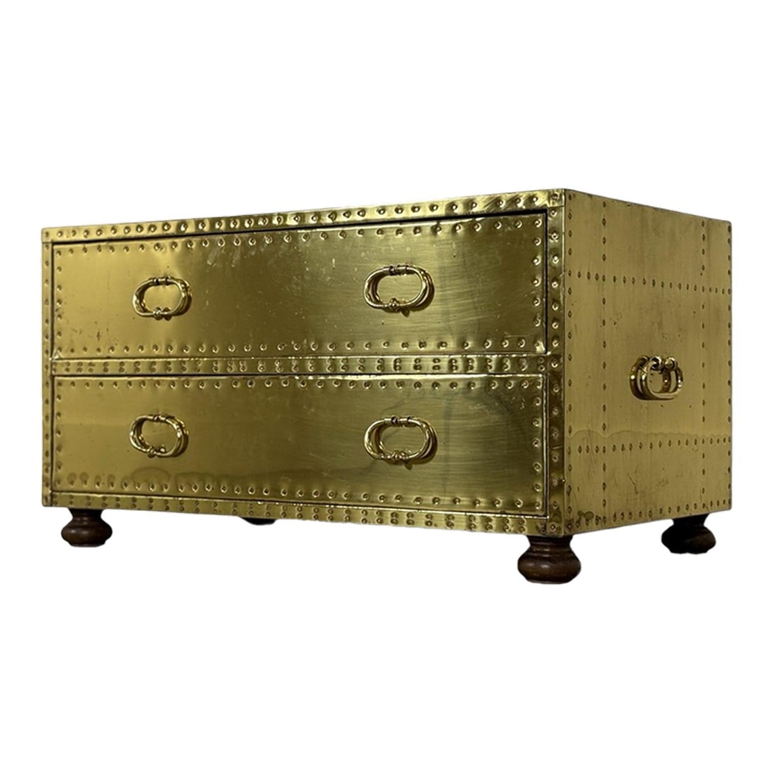 Vintage Sarreid LTD Brass Chest - Spain Circa 1970s - Two Drawer Brass Trunk: Dresser is in excellent overall condition displaying a gorgeous warm patina. Some scratches and signs of use present. Chest has been cleaned (not polished) and is ready for immediate use. 