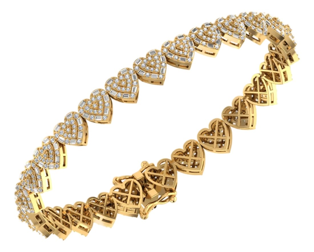 10K Yellow Gold Round Diamond Heart Designer 7 Inch Bracelet 2-7/8 Cttw: Absolute Devotion: 10K White Gold & 2-7/8 Cttw Heart Designer BraceletThe Pinnacle of Romantic LuxuryCommand attention with this extraordinary 2-7/8 Cttw diamond heart bracelet. Set in polished 10K