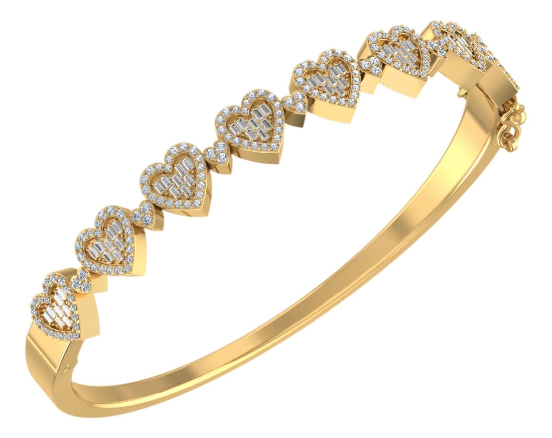 10K Yellow Gold Round Baguette Diamond Heart Designer Bangle Bracelet 1 Cttw: Gilded Romance: 10K Yellow Gold & 1 Cttw Diamond Heart BangleWrap Your Wrist in Radiant LoveExperience the perfect fusion of a structured bangle and the sentimental heart motif. This 10K yellow gold