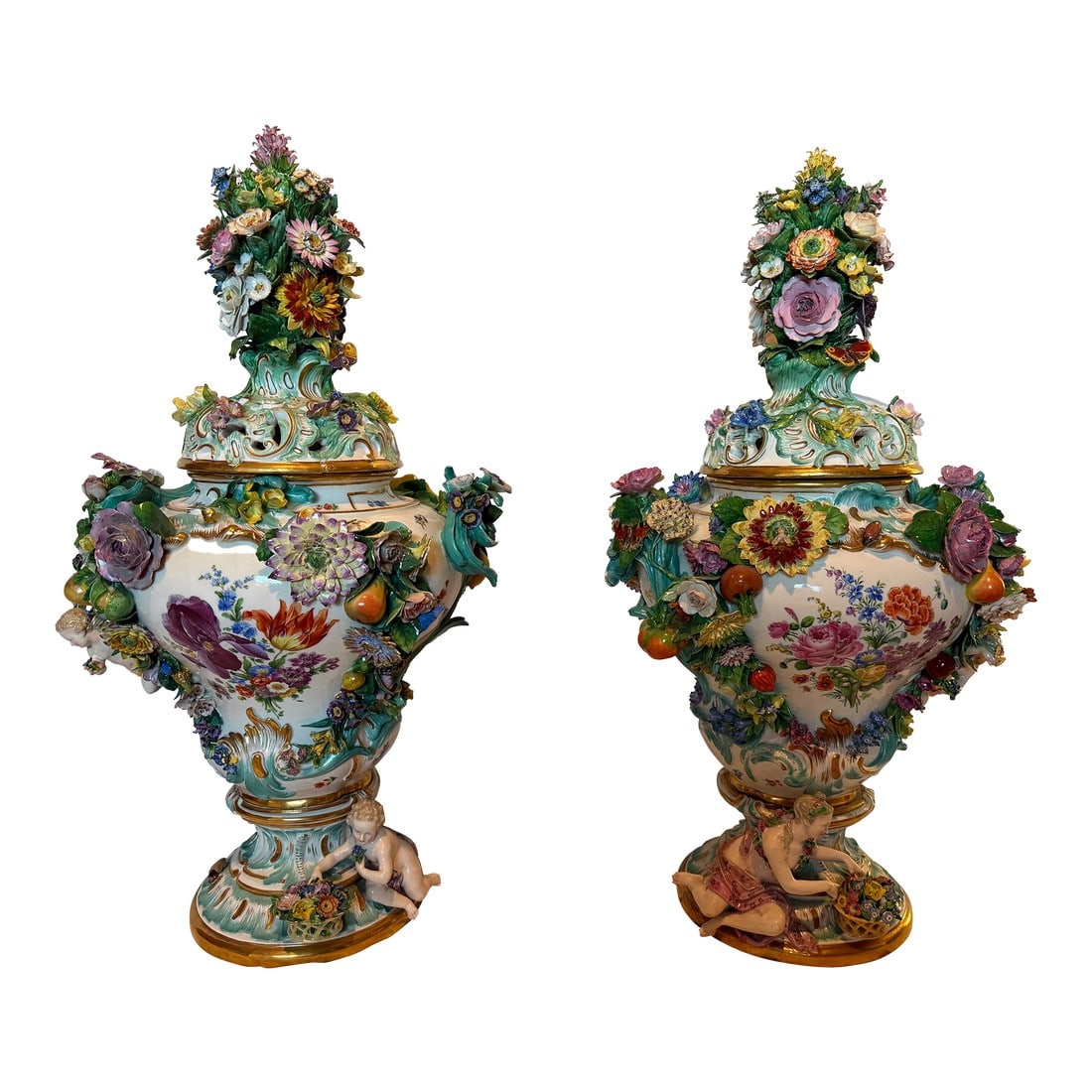 Late 19th Century Pair of Monumental Meissen Porcelain Flower-Encrusted Covered Vases With Figural B (1 of 7)