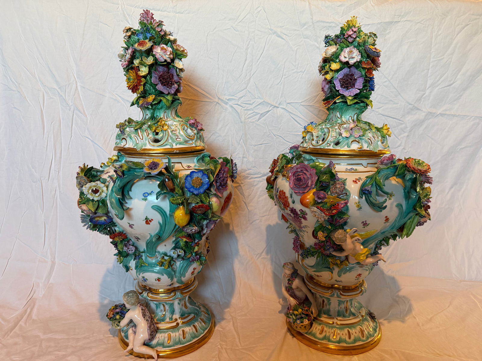 Late 19th Century Pair of Monumental Meissen Porcelain Flower-Encrusted Covered Vases With Figural B - 2