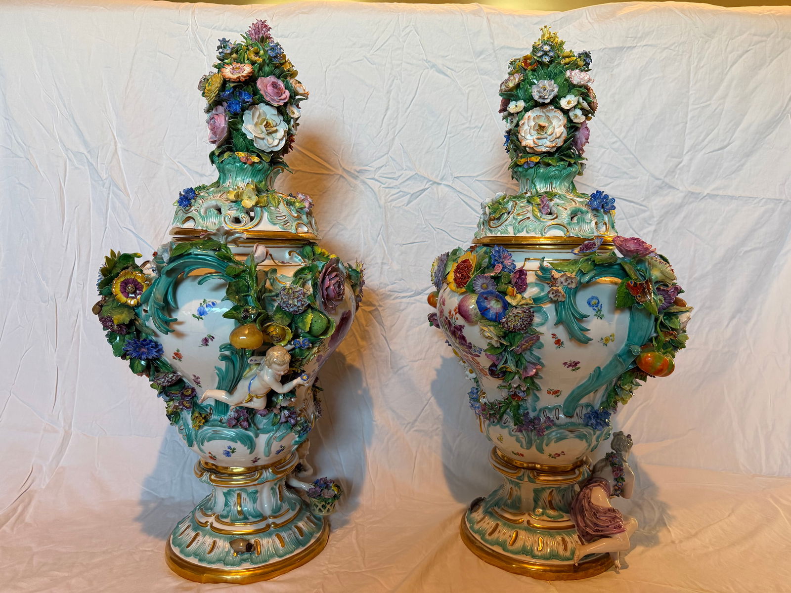 Late 19th Century Pair of Monumental Meissen Porcelain Flower-Encrusted Covered Vases With Figural B - 3