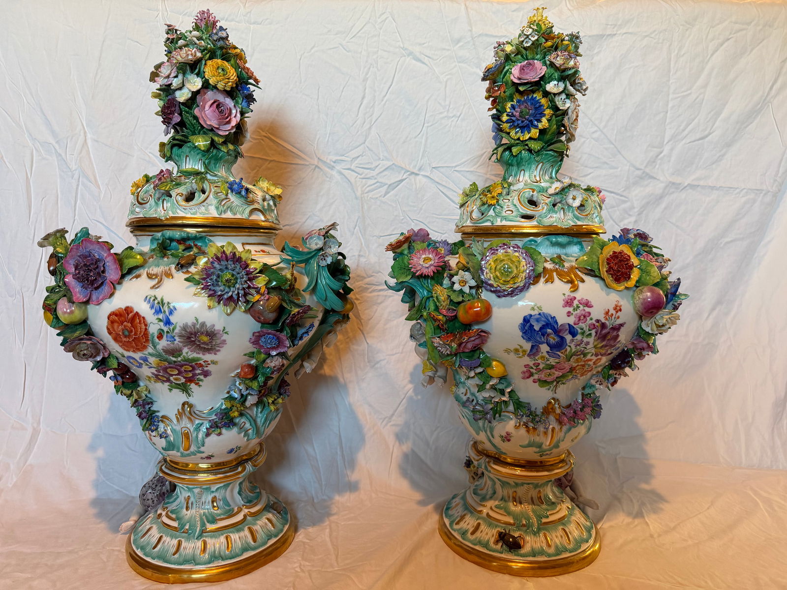 Late 19th Century Pair of Monumental Meissen Porcelain Flower-Encrusted Covered Vases With Figural B - 4