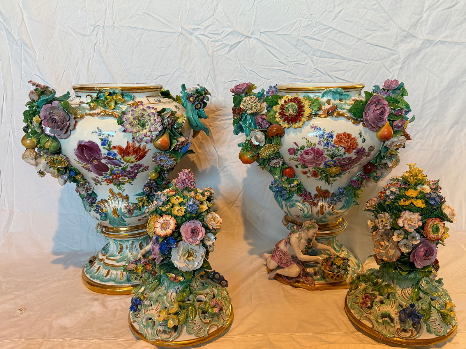 Late 19th Century Pair of Monumental Meissen Porcelain Flower-Encrusted Covered Vases With Figural B - 5