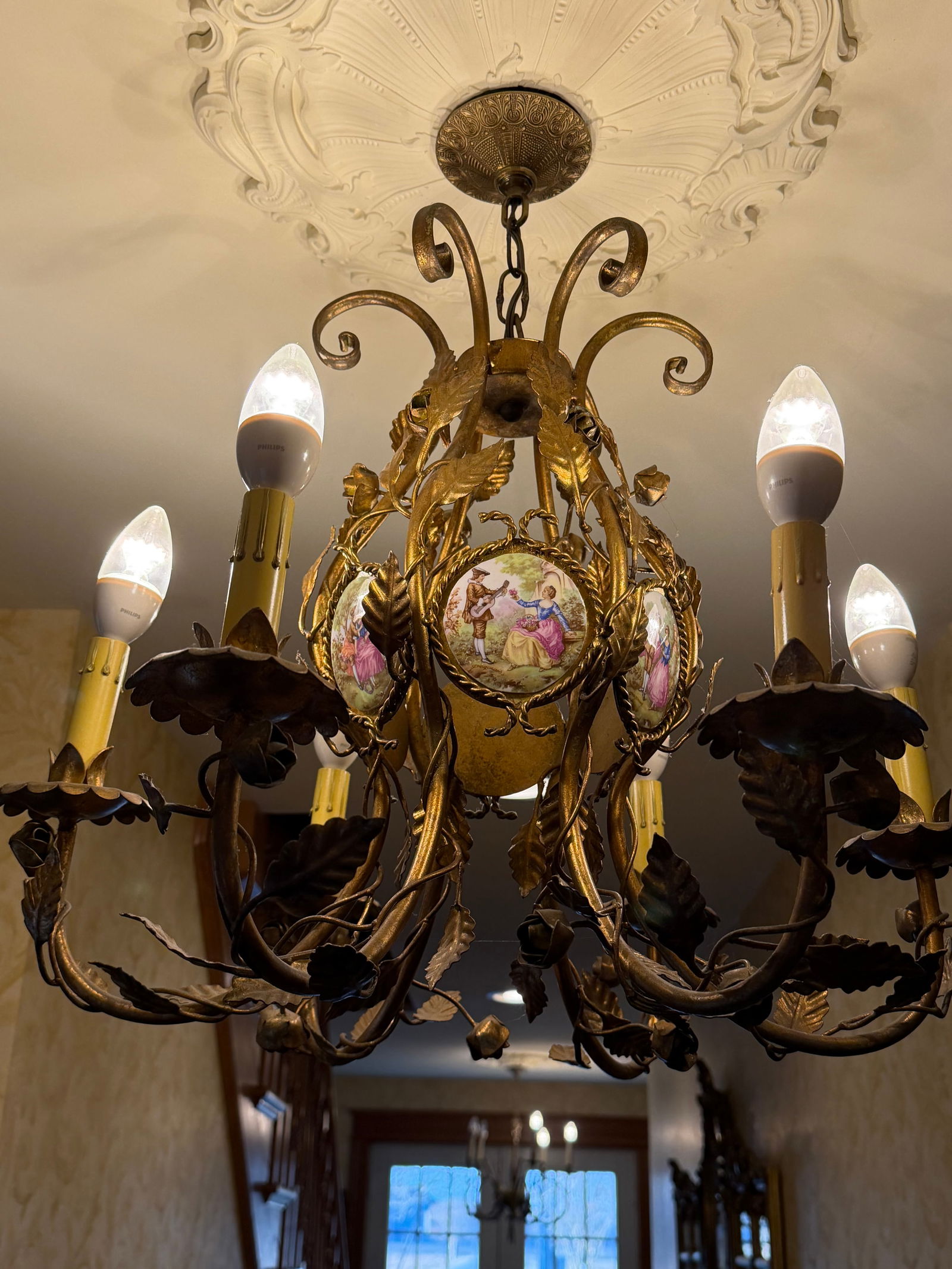 Vintage Gilt Metal & Hand-Painted Porcelain Medallion Chandelier, Rococo Revival Style - 2