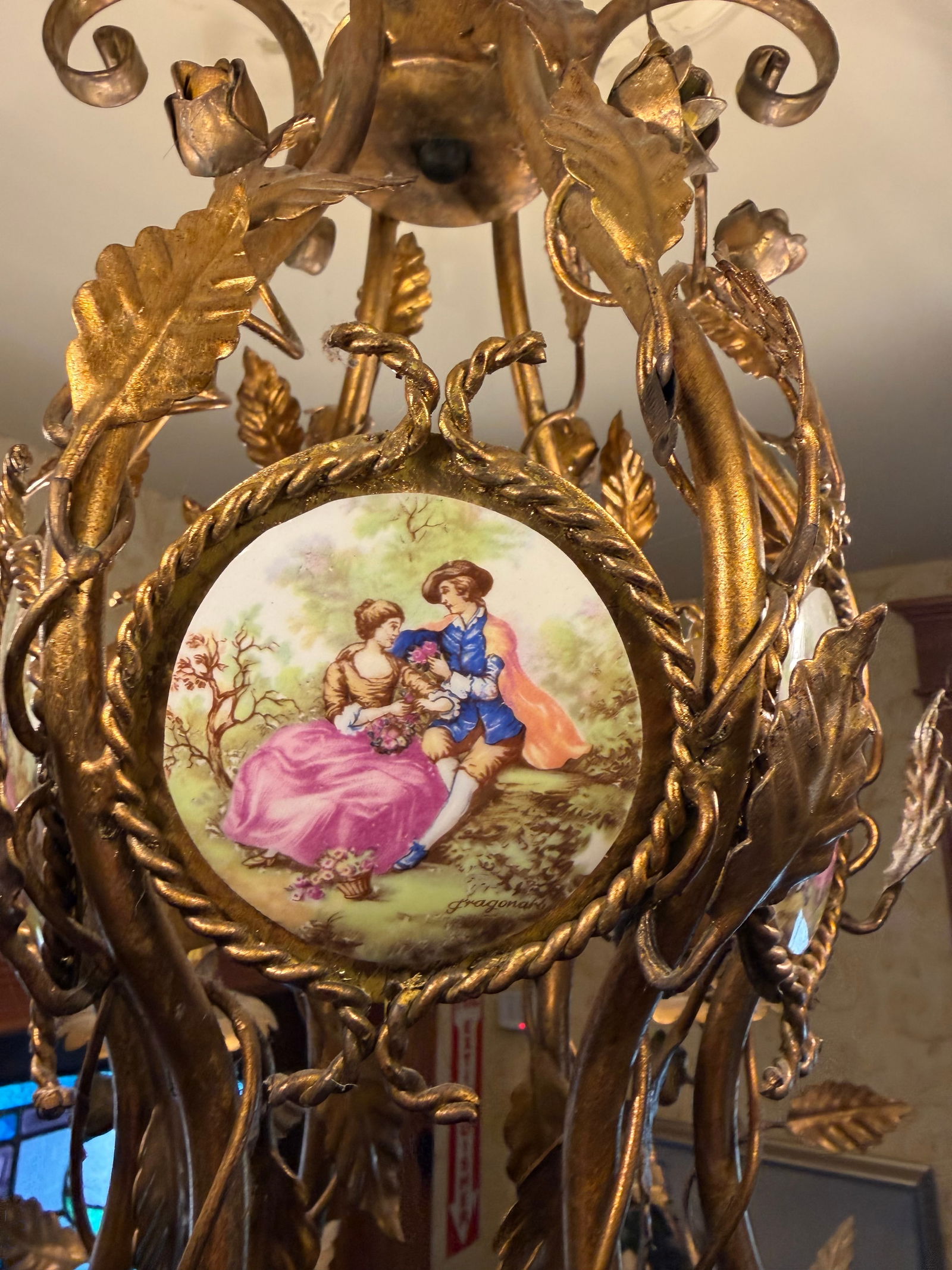 Vintage Gilt Metal & Hand-Painted Porcelain Medallion Chandelier, Rococo Revival Style - 4