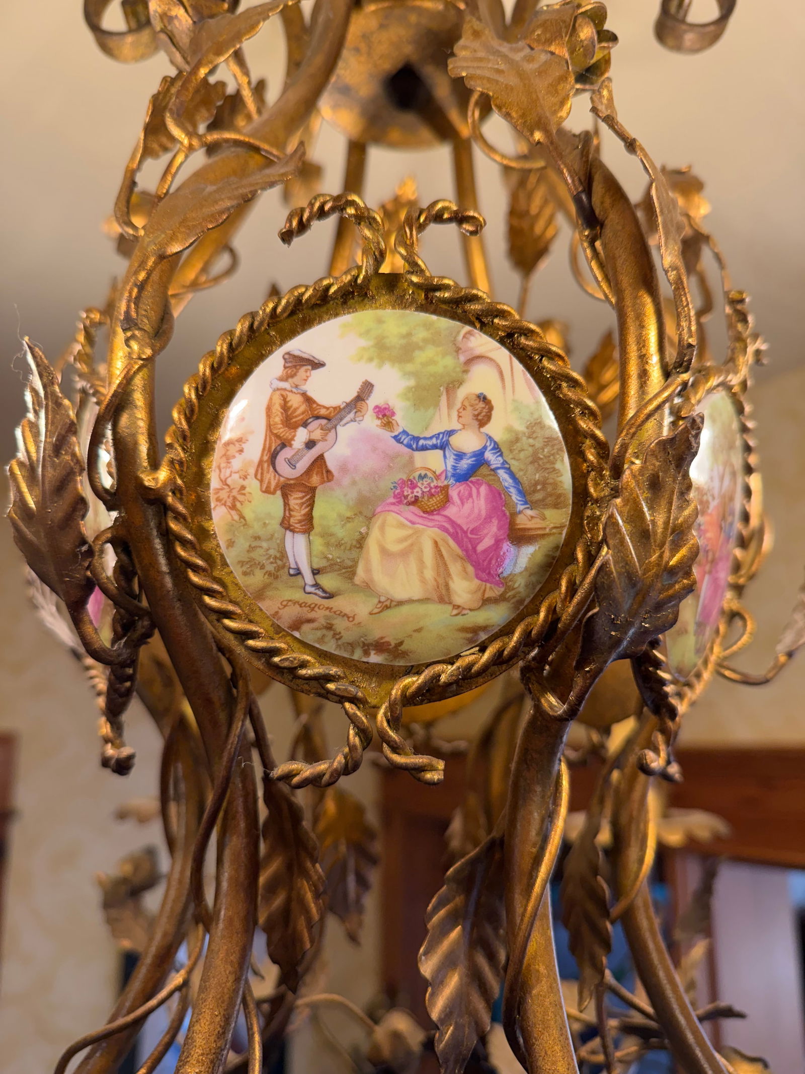 Vintage Gilt Metal & Hand-Painted Porcelain Medallion Chandelier, Rococo Revival Style - 6