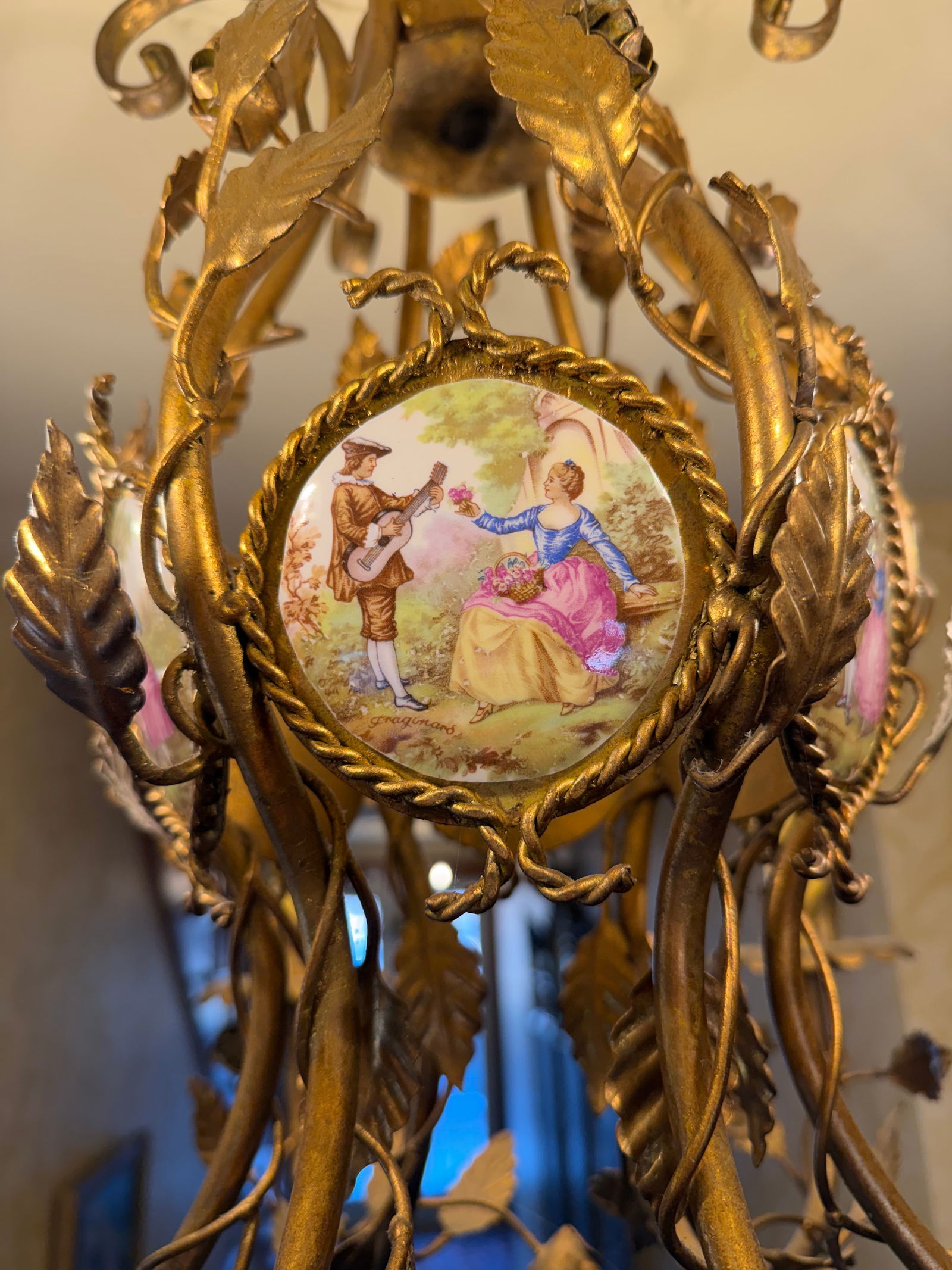 Vintage Gilt Metal & Hand-Painted Porcelain Medallion Chandelier, Rococo Revival Style - 7