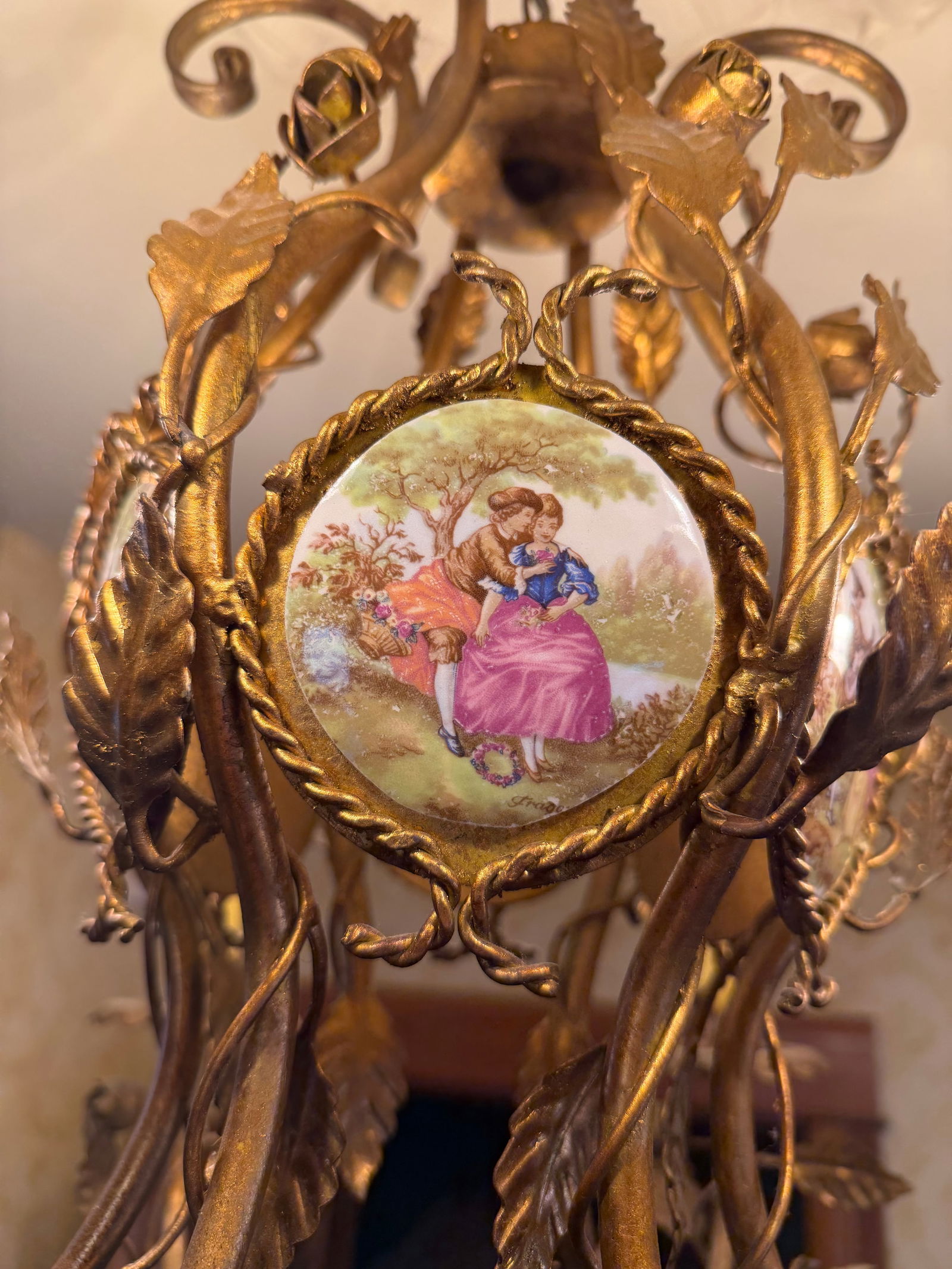 Vintage Gilt Metal & Hand-Painted Porcelain Medallion Chandelier, Rococo Revival Style - 8