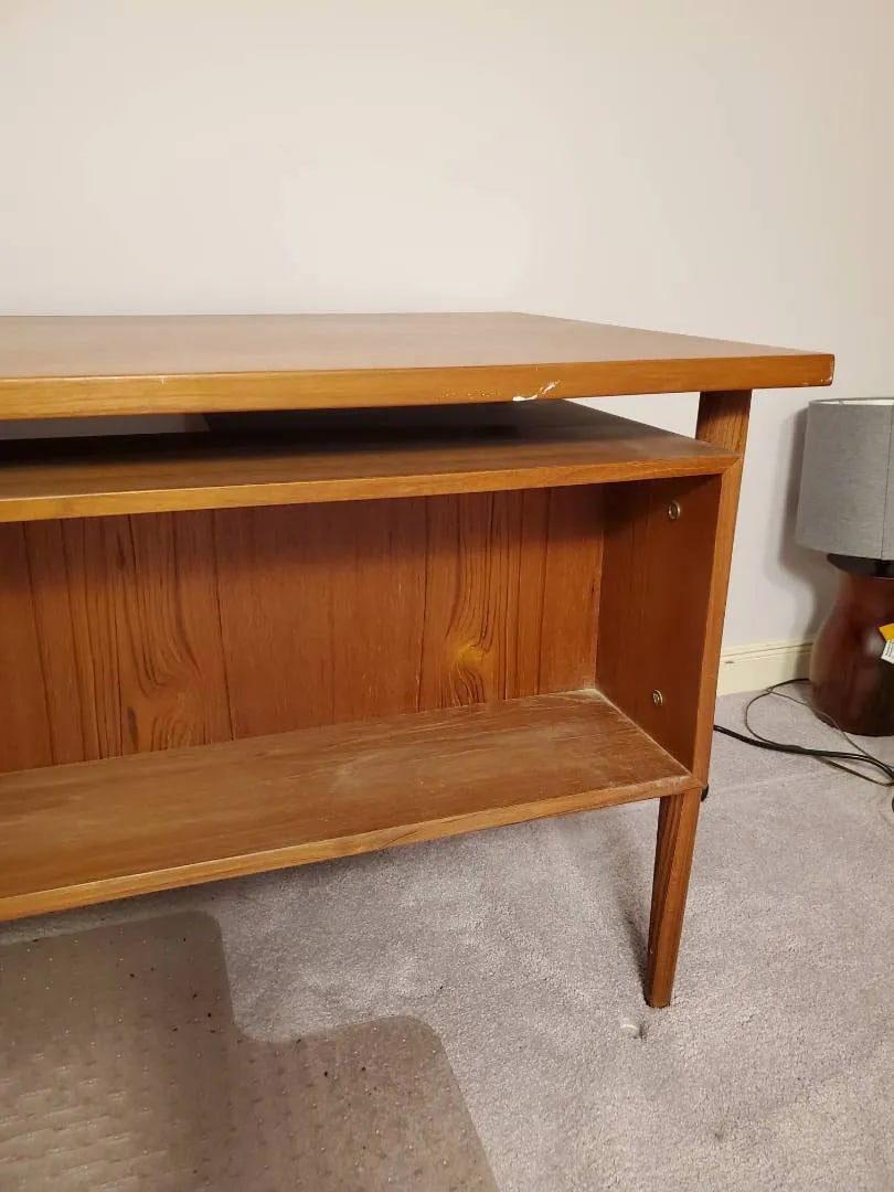 1960s Danish Modern Teak Floating Top Executive Desk | Asymmetrical Design, Solid Wood Drawers | Exc - 10