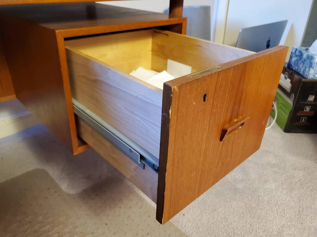 1960s Danish Modern Teak Floating Top Executive Desk | Asymmetrical Design, Solid Wood Drawers | Exc - 15