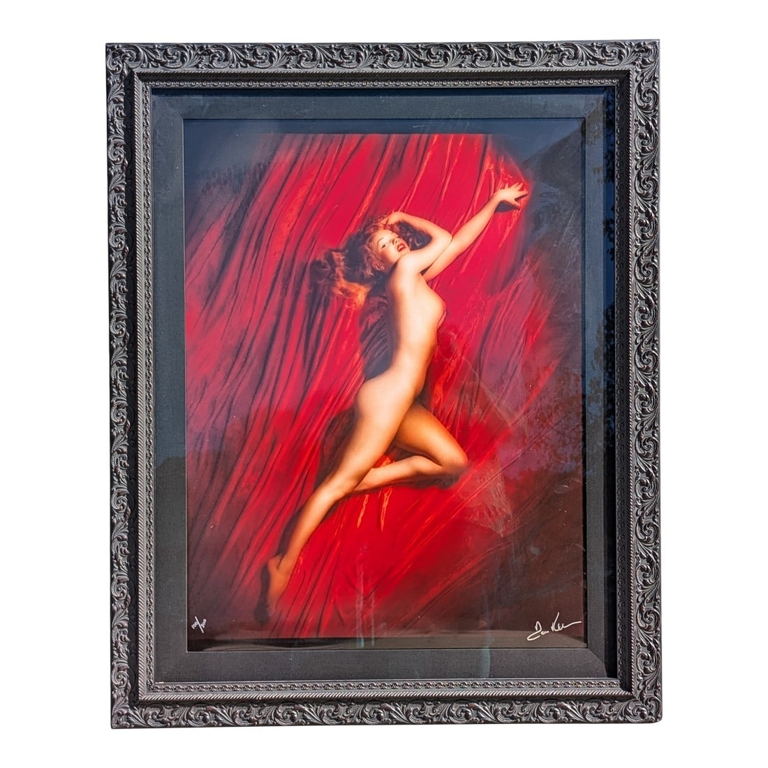 1980s Marilyn Monroe, Pose #2 by Tom Kelley From the "Red Velvet Series", #100/300: TOM KELLEY (AMERICAN, 1914-1984) "MARILYN MONROE, POSE #2" from the "RED VELVET SERIES". Beautifully framed and matted in an ebony wood setting, behind museum glass. Frame measurements are 50x40".