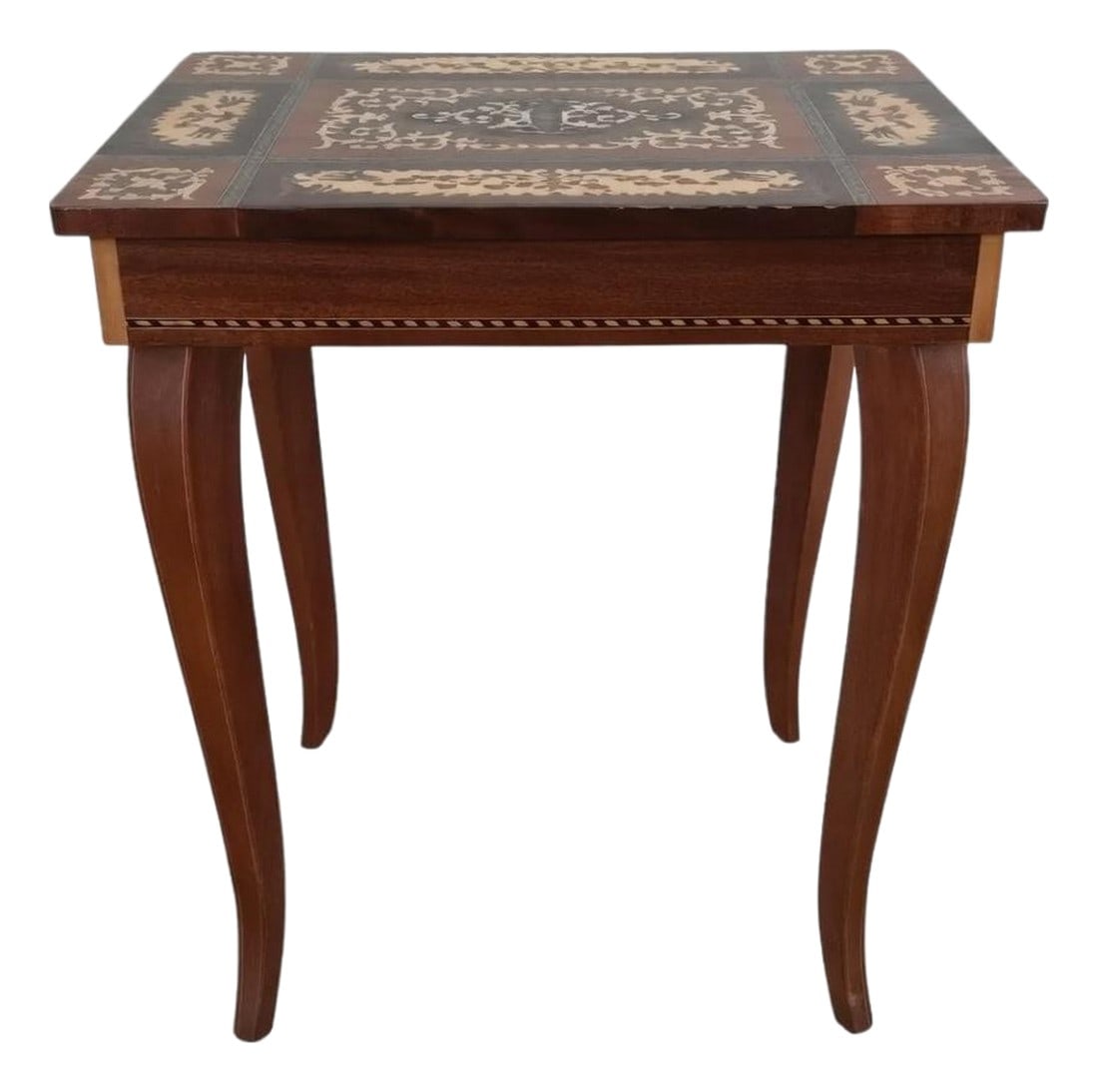 Vintage Italian Marquetry Inlay Reuge Music Box Jewelry Table Plays Fascination Waltz: This stunning vintage Italian Sorrento-style marquetry inlay side table features a genuine Reuge Swiss musical movement and a velvet-lined jewelry compartment "” a rare combination of artistry,