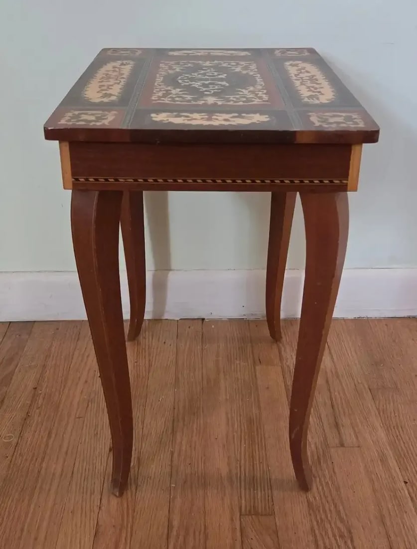 Vintage Italian Marquetry Inlay Reuge Music Box Jewelry Table Plays Fascination Waltz - 2